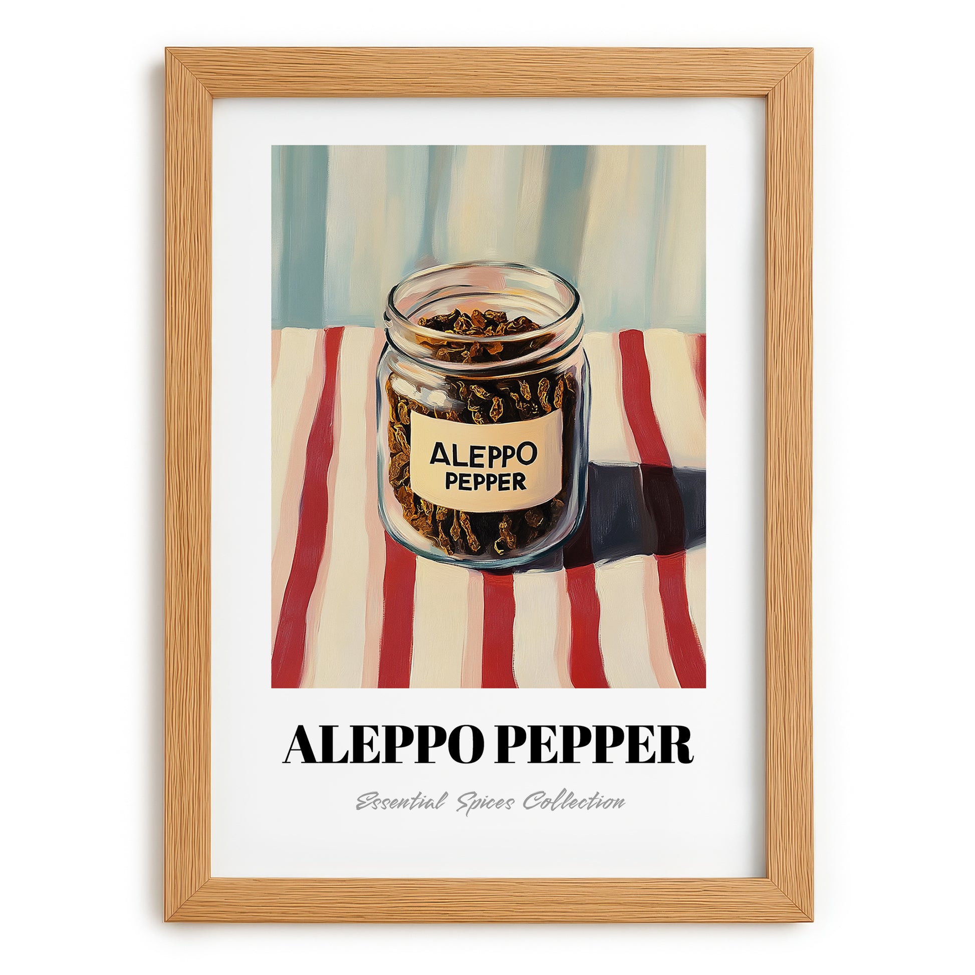 Aleppo Pepper – on Striped Tablecloth, Spices Painting, set in oak frame