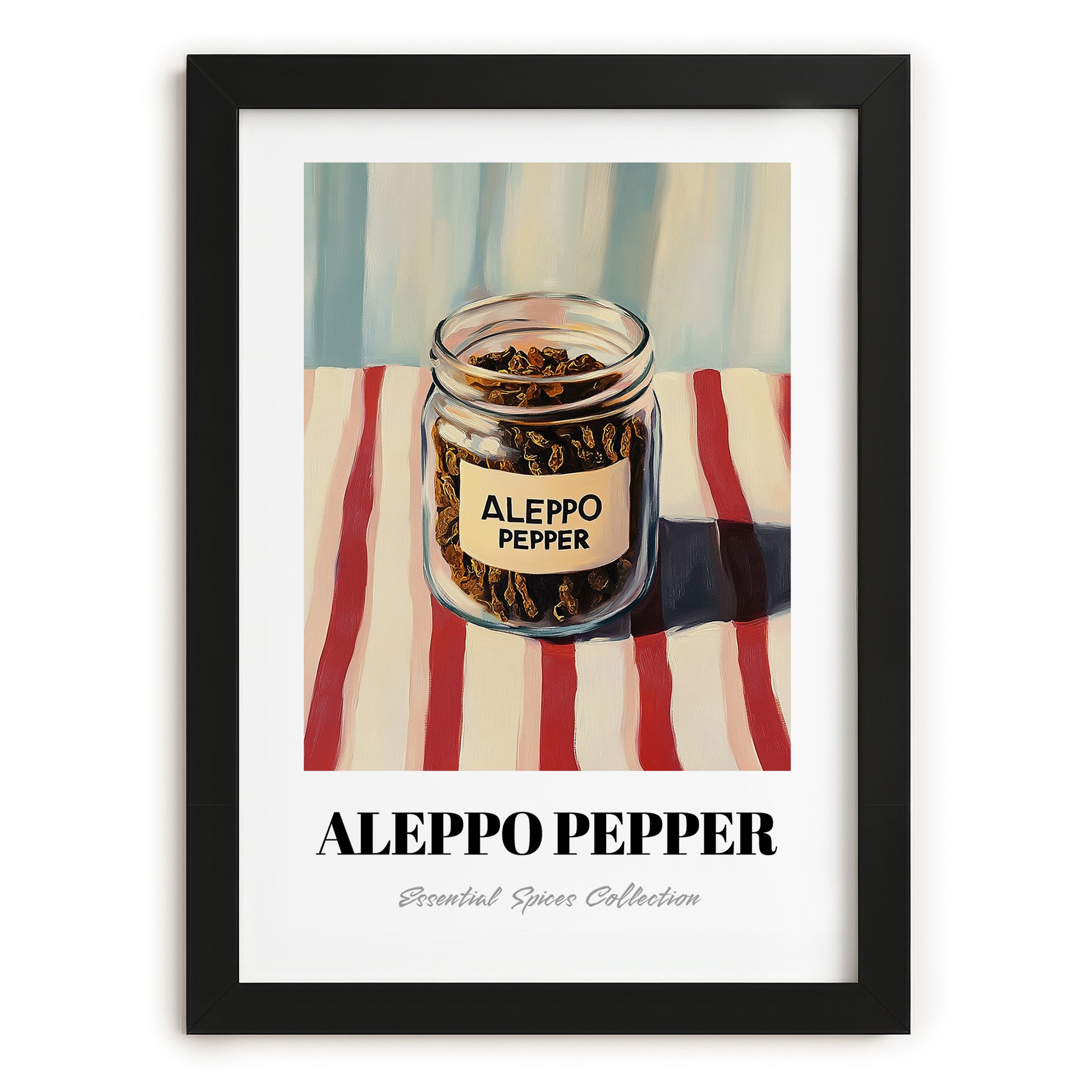 Aleppo Pepper – on Striped Tablecloth, Spices Painting, in sleek black frame