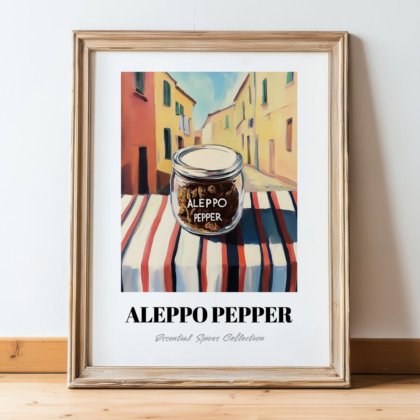 Aleppo Pepper – Italian Café on the Corner, Spices Still Life, in wooden frame leaning on the floor