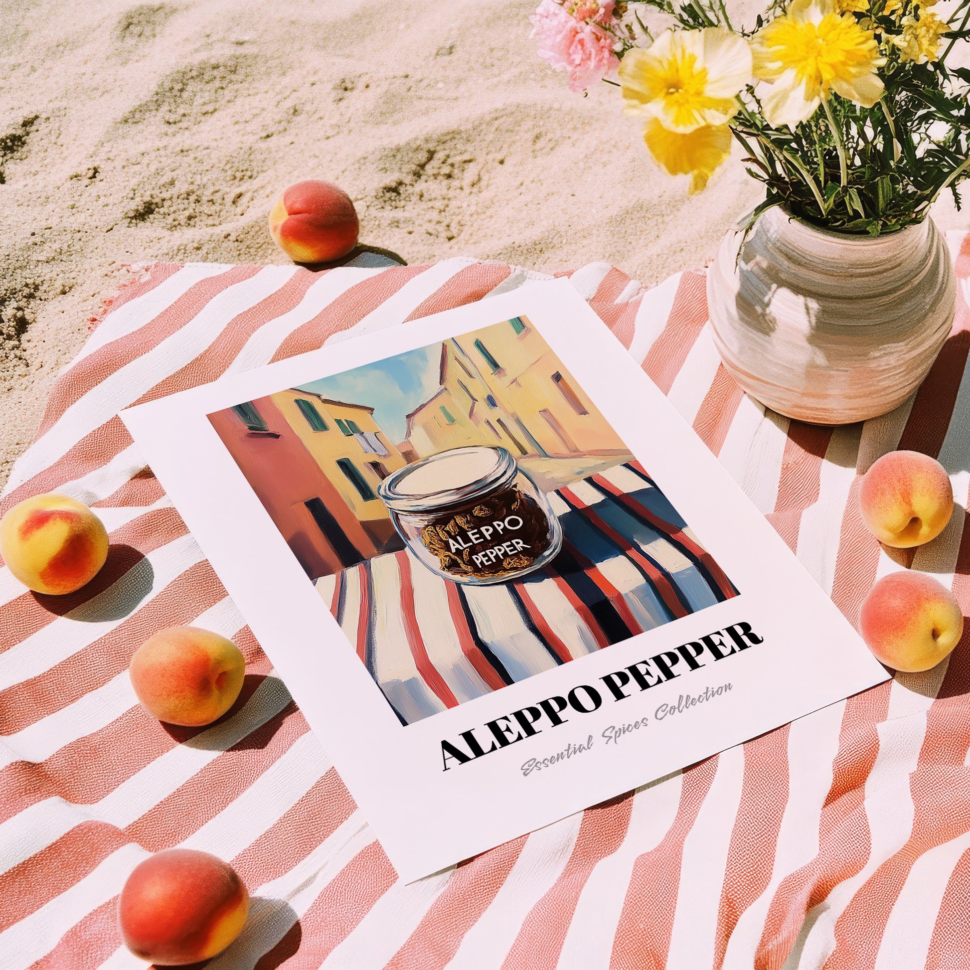 Aleppo Pepper – Italian Café on the Corner, Spices Still Life, unframed on coastal sand