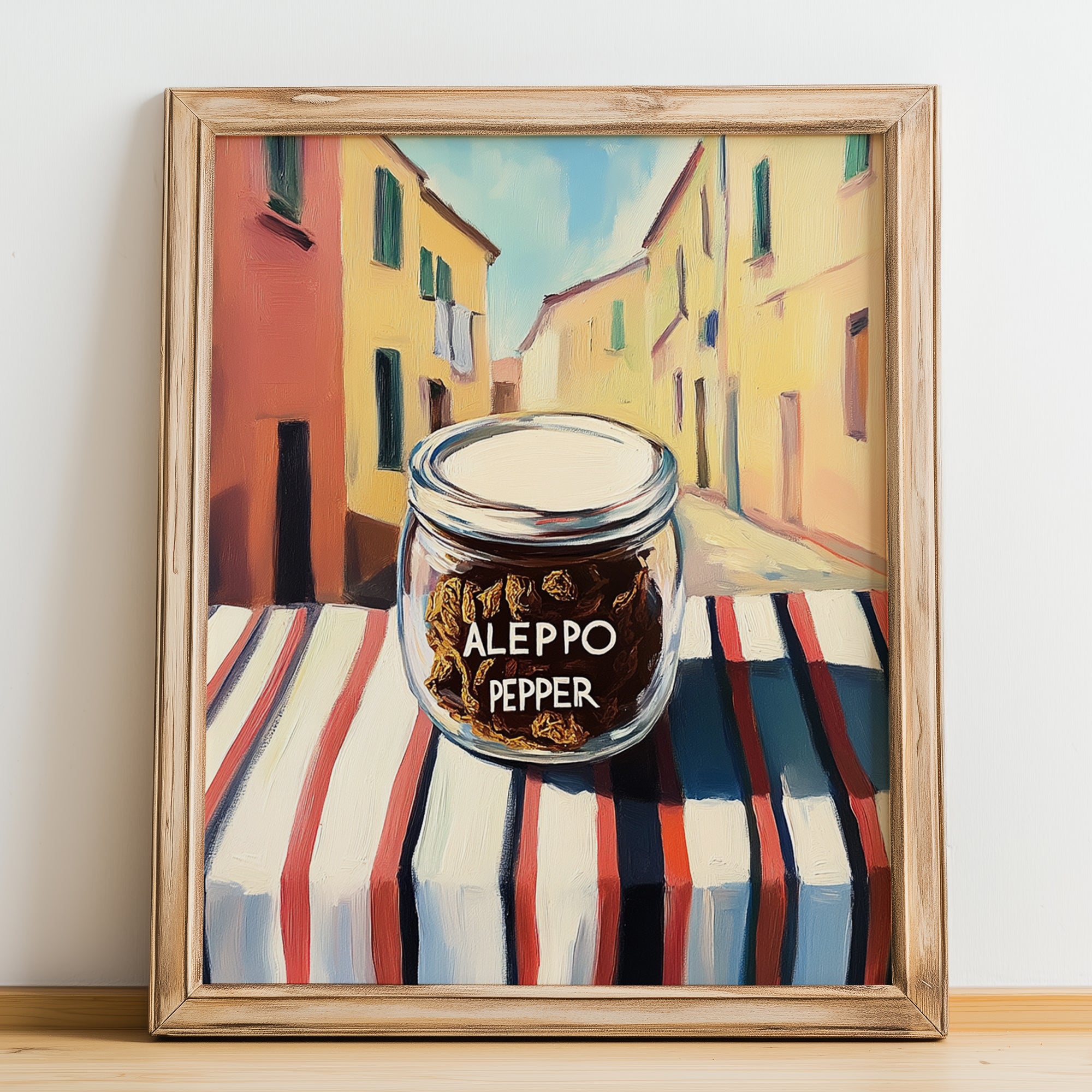 Aleppo Pepper – Italian Café on the Corner, Spices Still Life, no-text version framed in wood