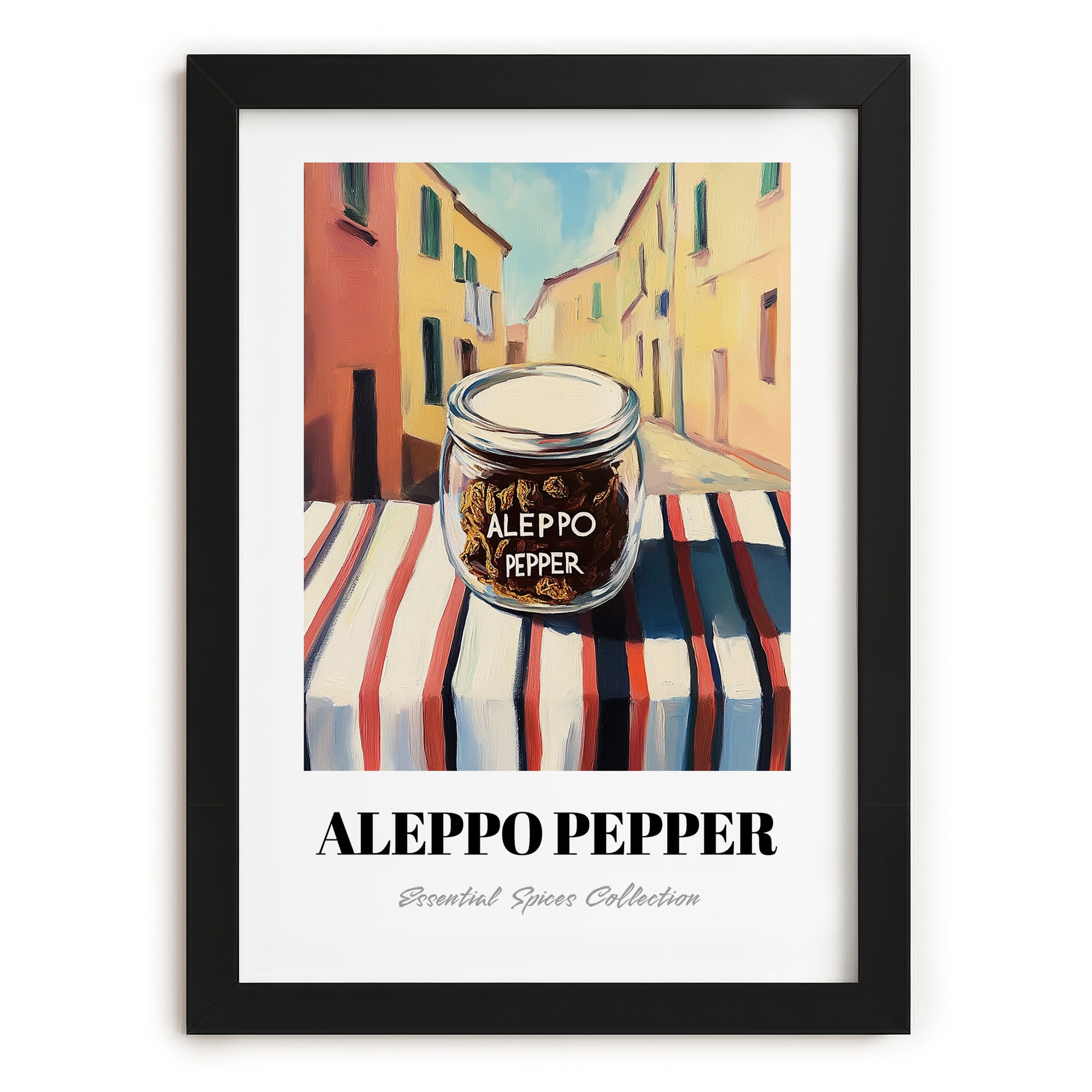 Aleppo Pepper – Italian Café on the Corner, Spices Still Life, in sleek black frame