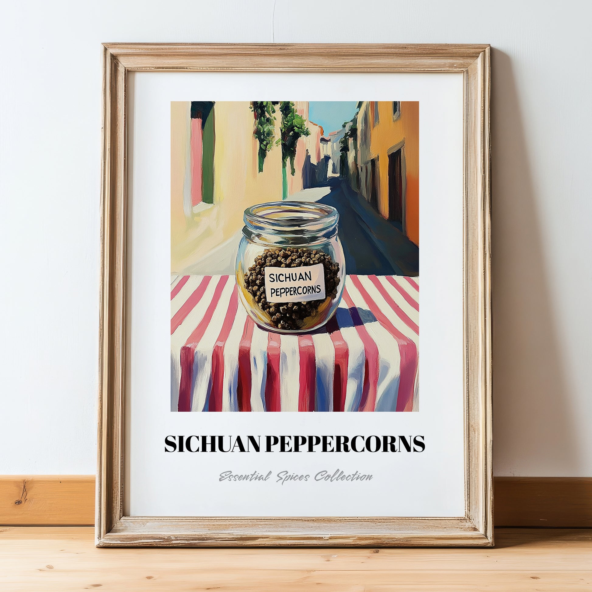 Sichuan Peppercorns – Italian Street Café Scene, Spices Wall Decor, in wooden frame leaning on the floor