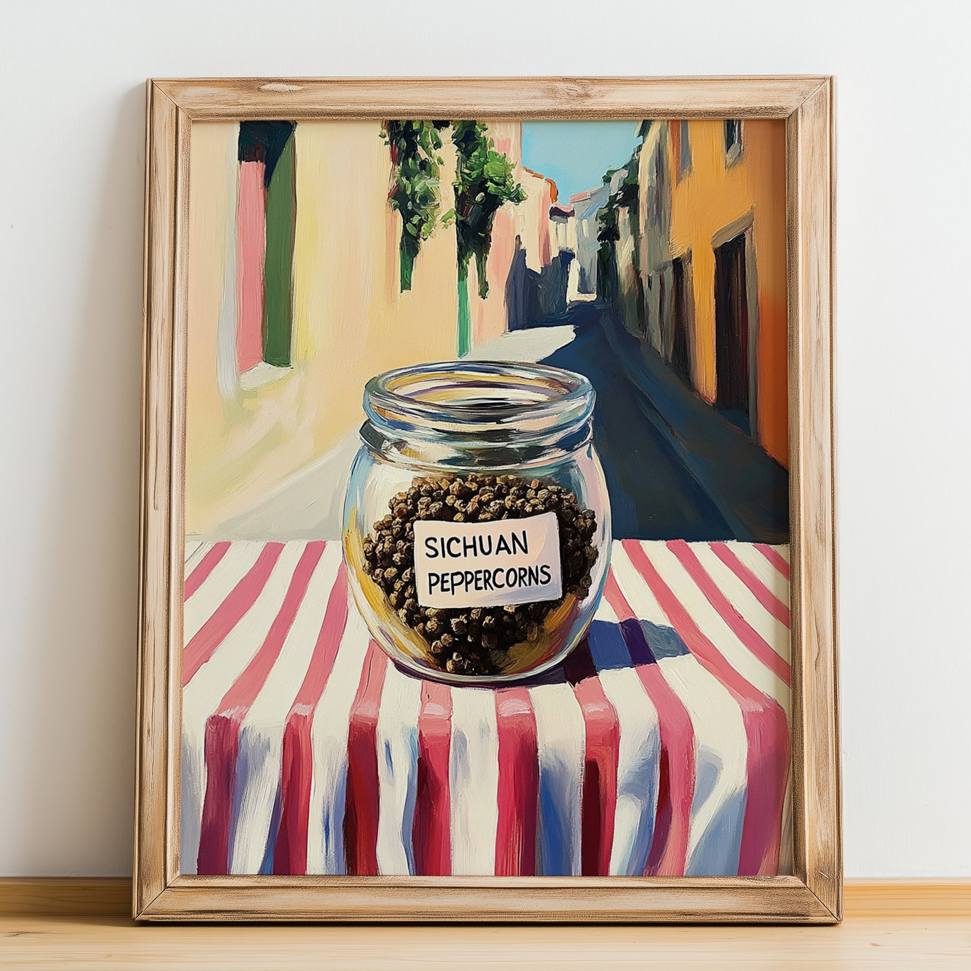 Sichuan Peppercorns – Italian Street Café Scene, Spices Wall Decor, no-text version framed in wood