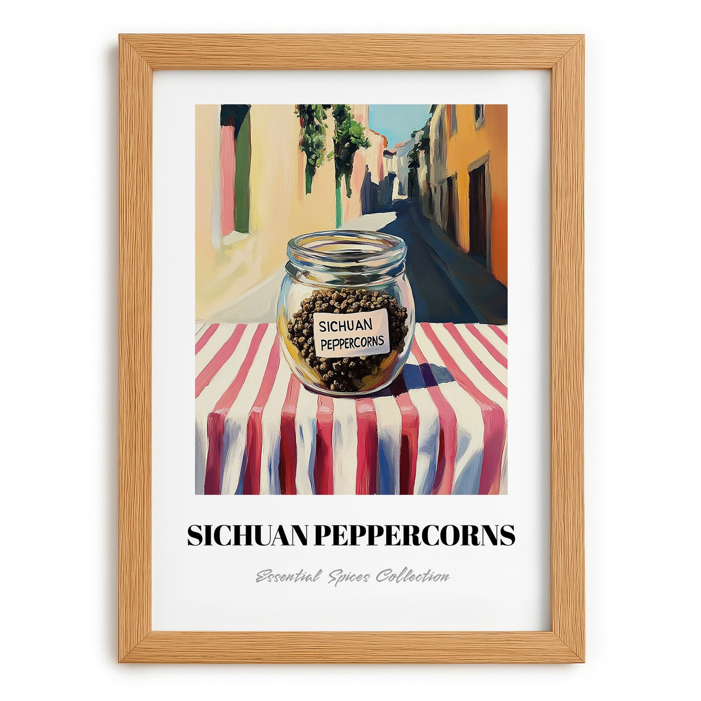 Sichuan Peppercorns – Italian Street Café Scene, Spices Wall Decor, set in oak frame