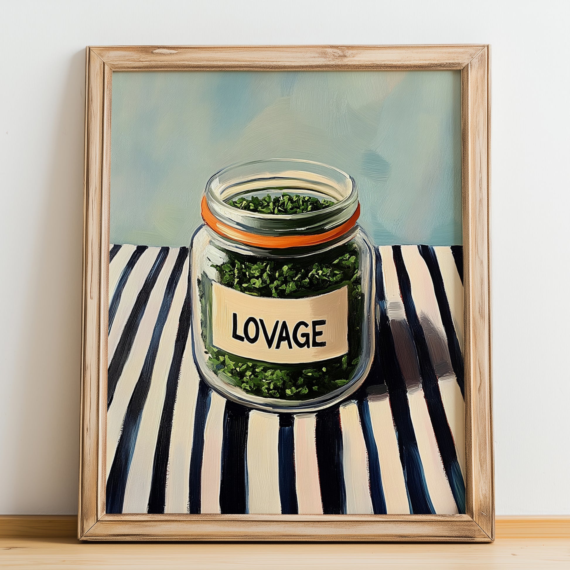 Lovage – on Striped Tablecloth, Spices Painting, no-text version framed in wood