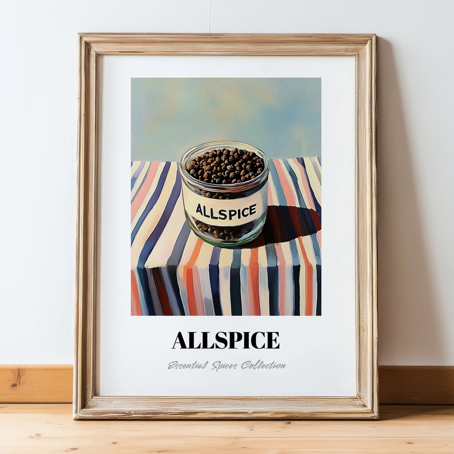Allspice – on Striped Tablecloth, Spices Painting, in wooden frame leaning on the floor