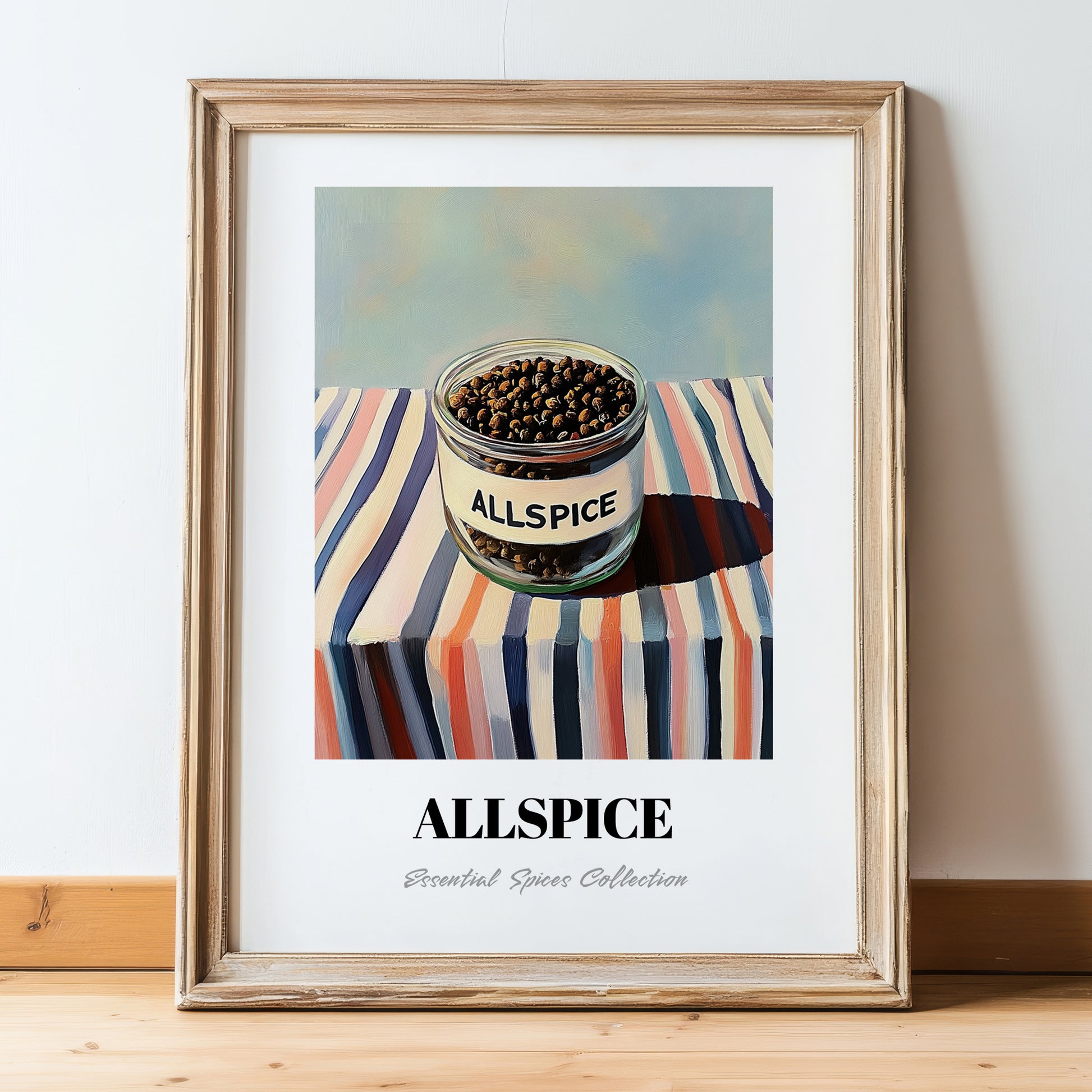 Allspice – on Striped Tablecloth, Spices Painting, in wooden frame leaning on the floor