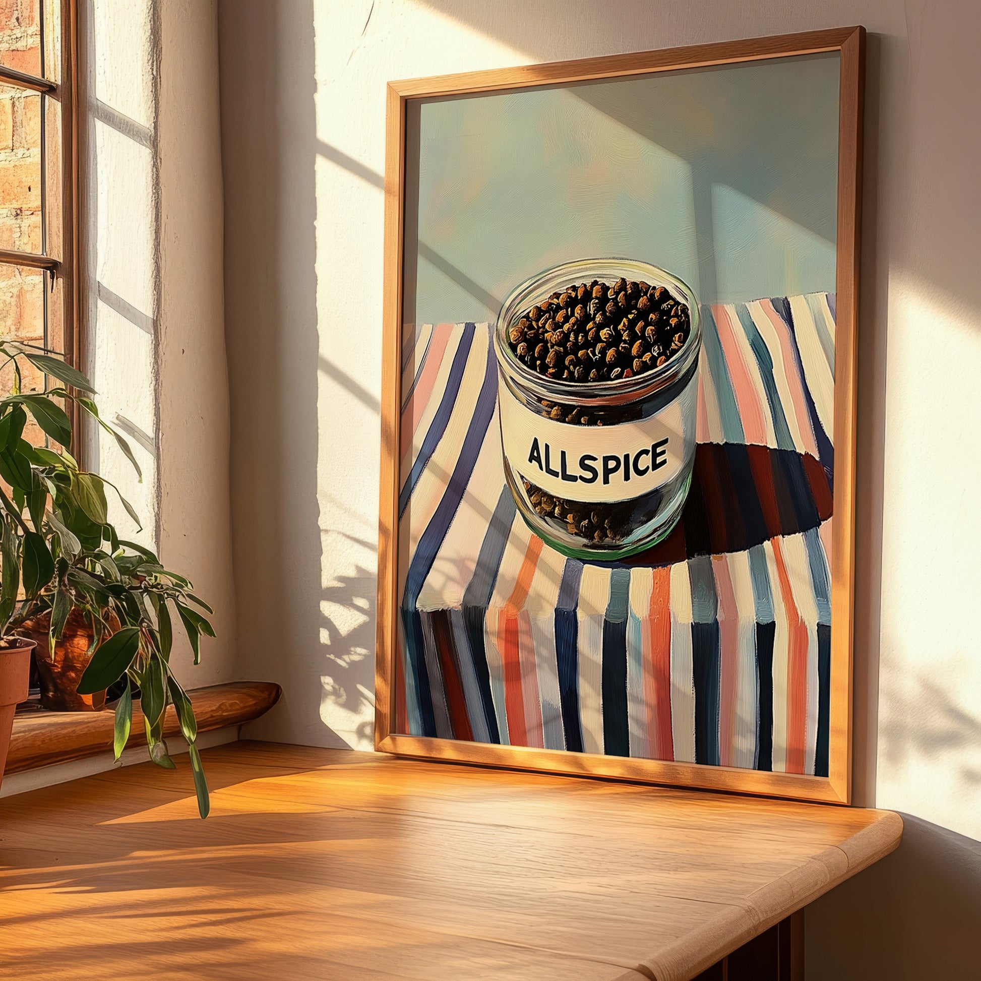 Allspice – on Striped Tablecloth, Spices Painting, clean layout with no caption