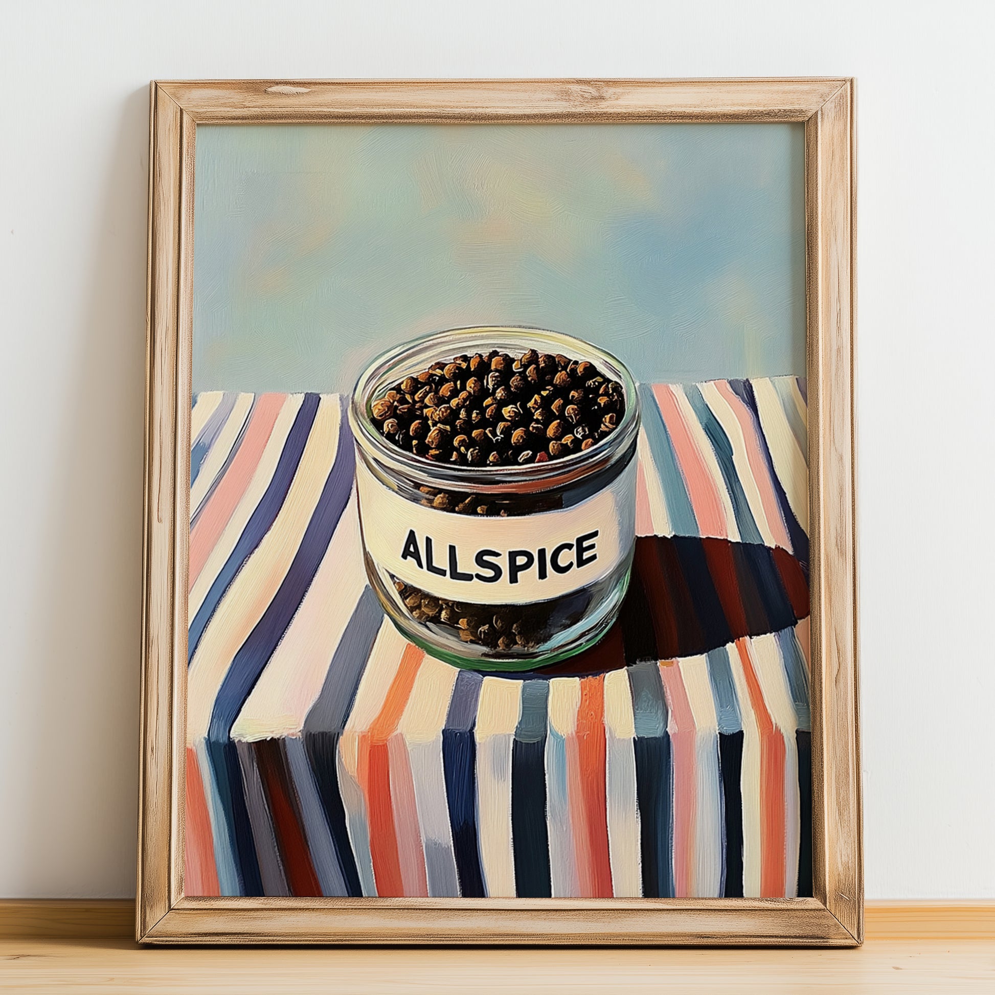 Allspice – on Striped Tablecloth, Spices Painting, no-text version framed in wood