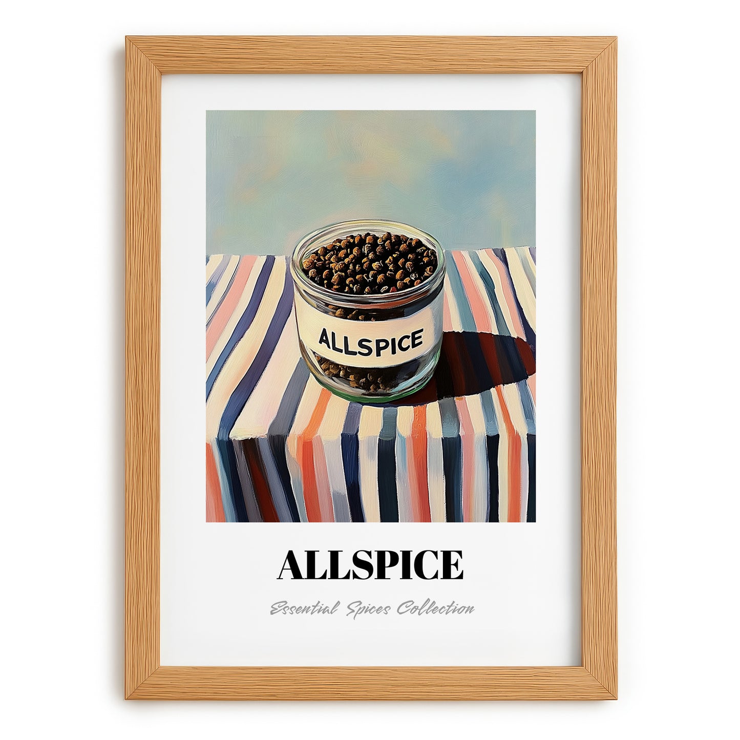 Allspice – on Striped Tablecloth, Spices Painting, set in oak frame