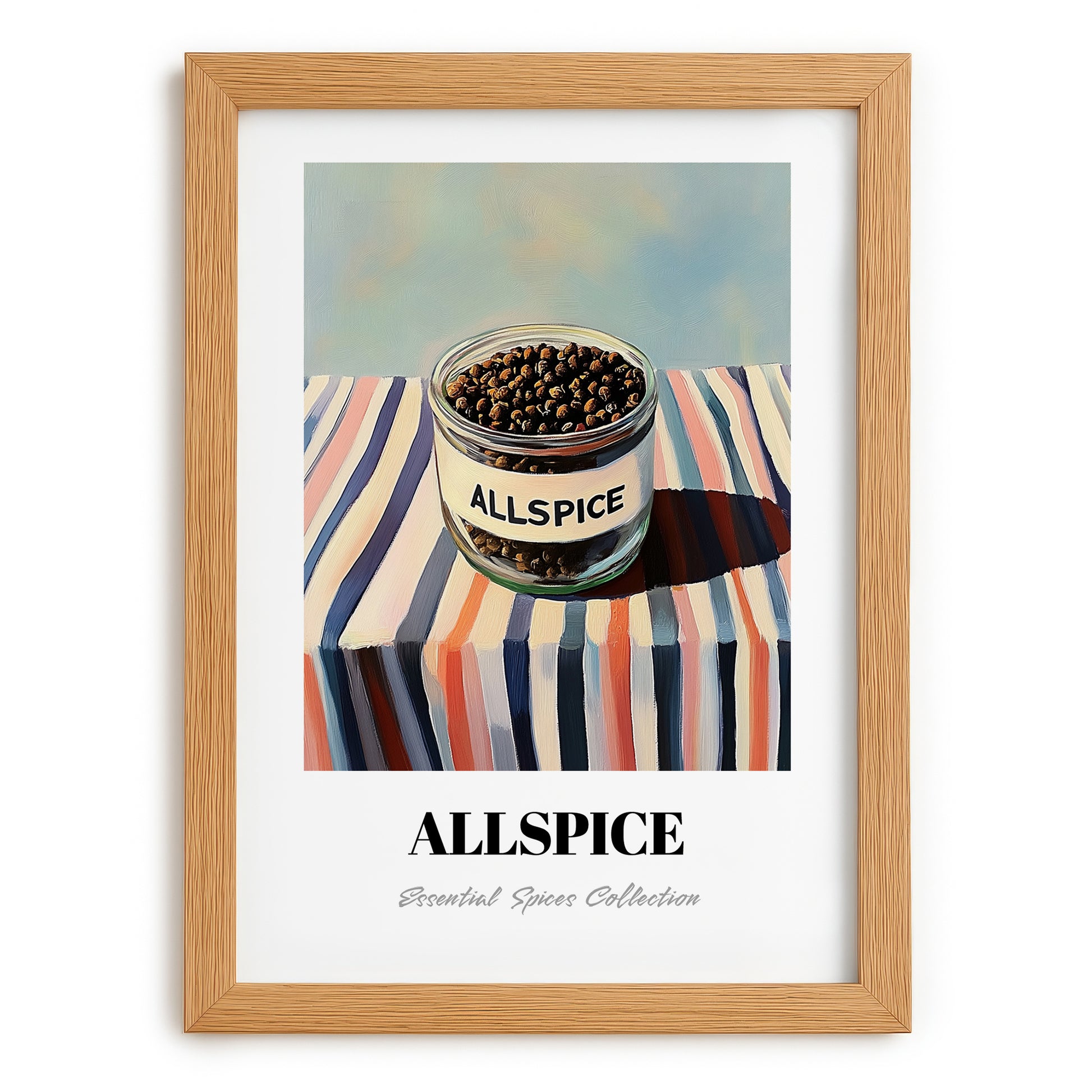 Allspice – on Striped Tablecloth, Spices Painting, set in oak frame