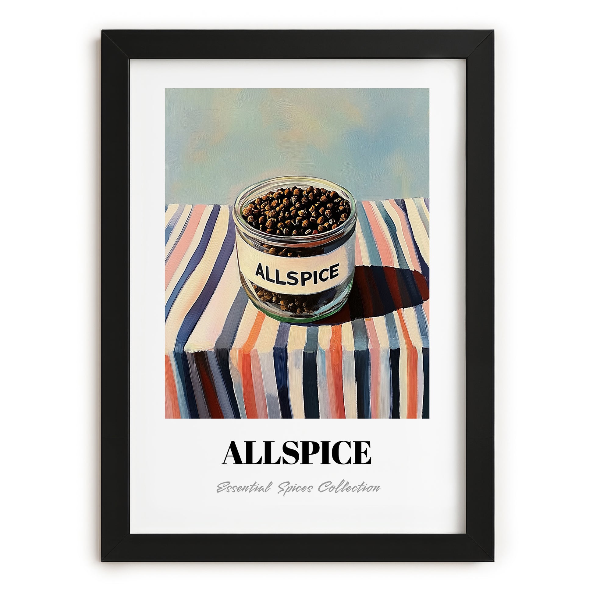 Allspice – on Striped Tablecloth, Spices Painting, in sleek black frame