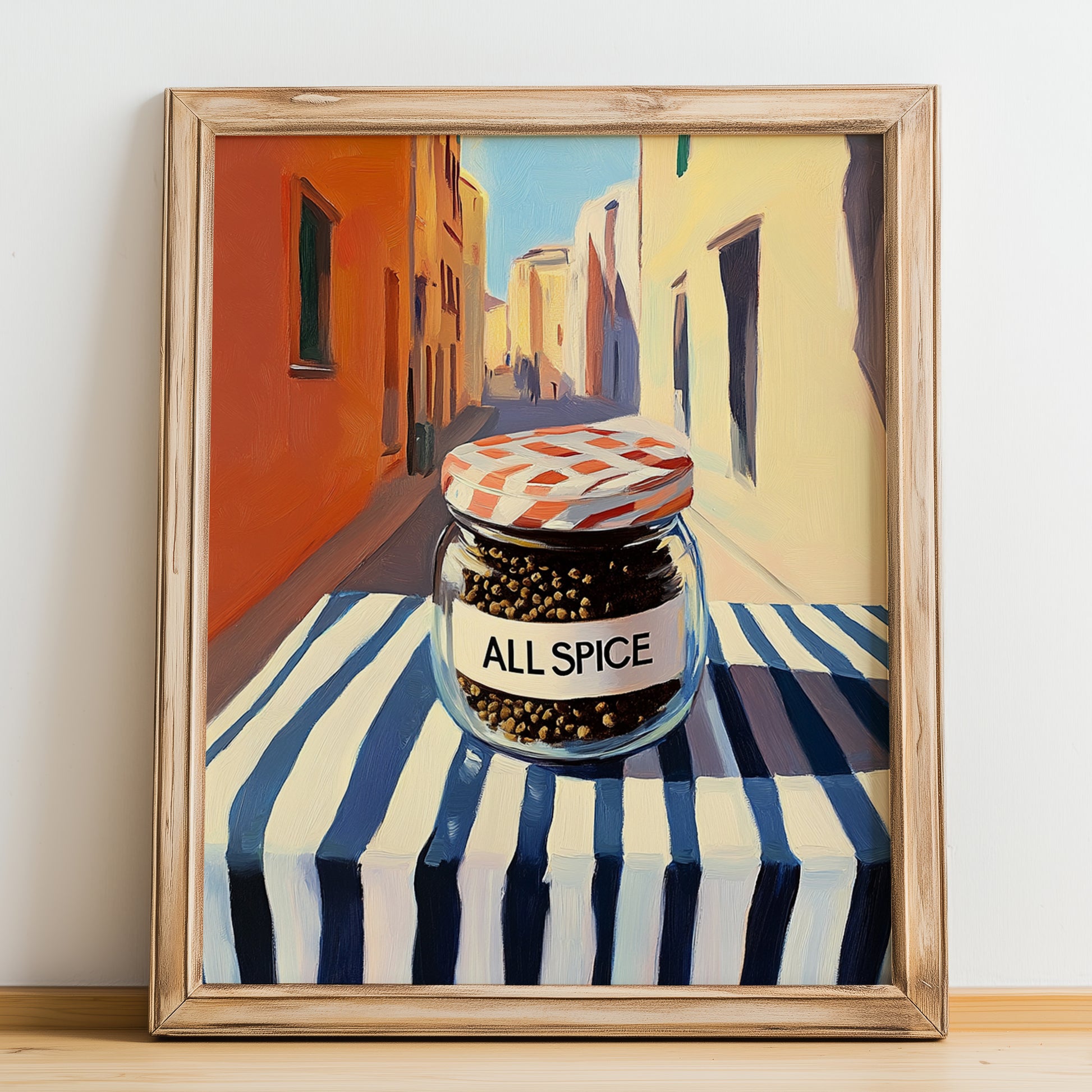 Allspice – Italian Urban Café Scene, Spices Art, no-text version framed in wood