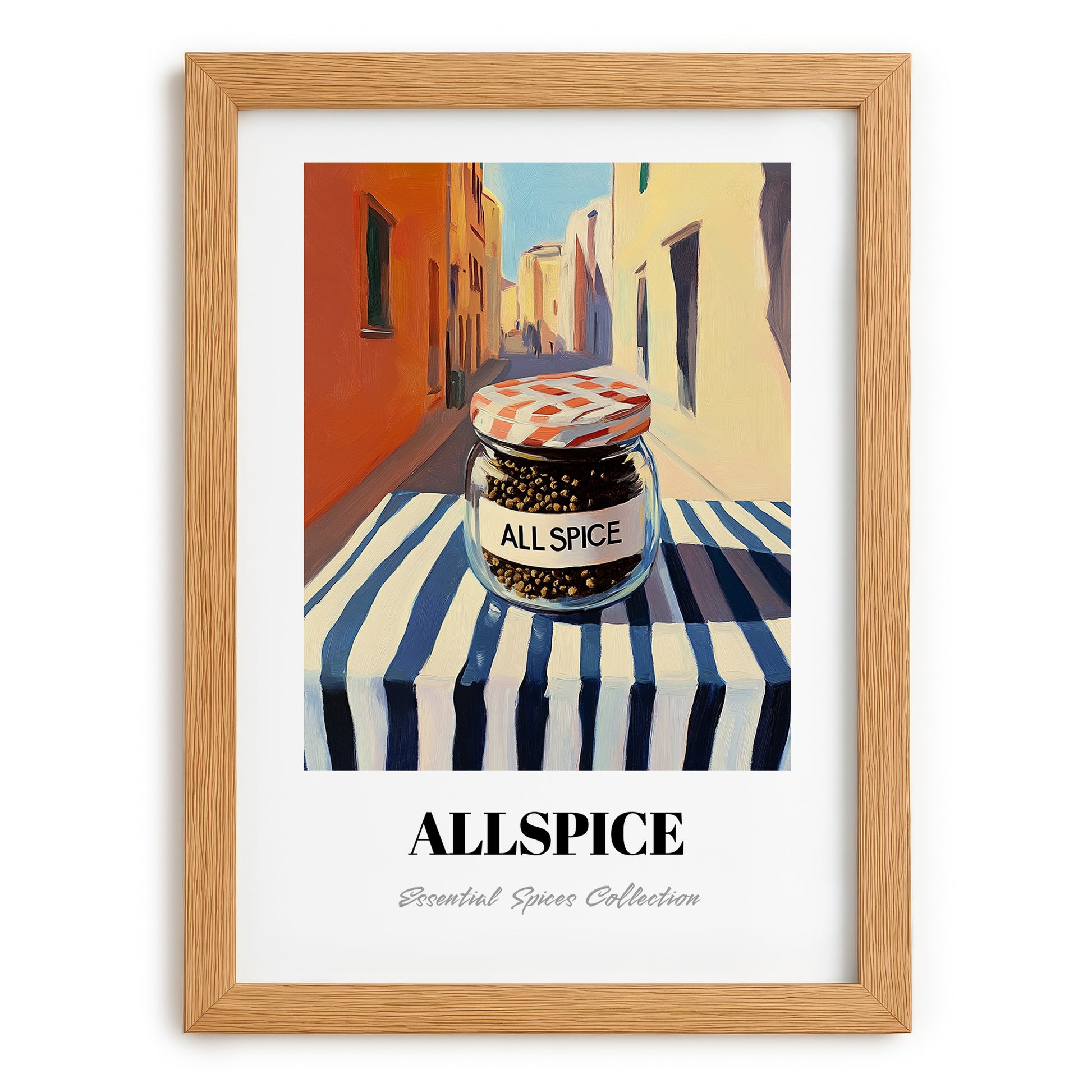 Allspice – Italian Urban Café Scene, Spices Art, set in oak frame