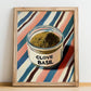 Clove Basil – on Striped Tablecloth, Spices Poster, no-text version framed in wood