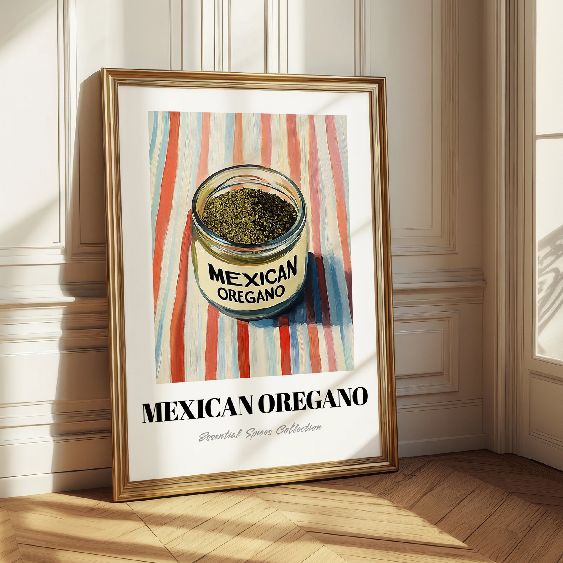 Mexican Oregano – on Striped Tablecloth, Spices Wall Poster