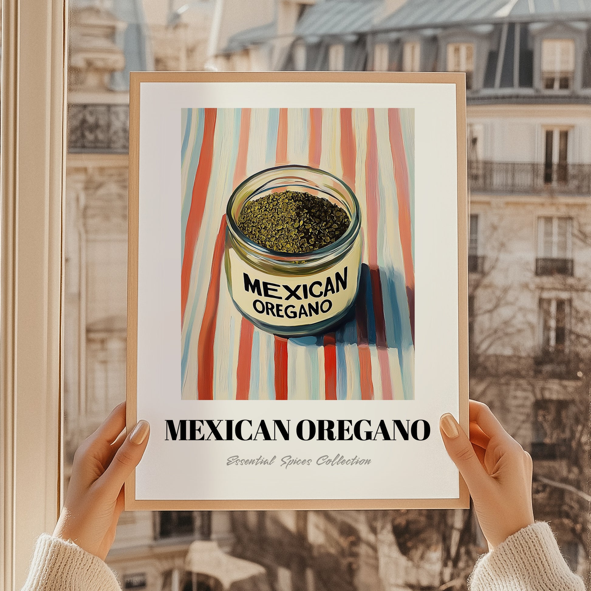 Mexican Oregano – on Striped Tablecloth, Spices Wall Poster, styled in a charming Paris street view