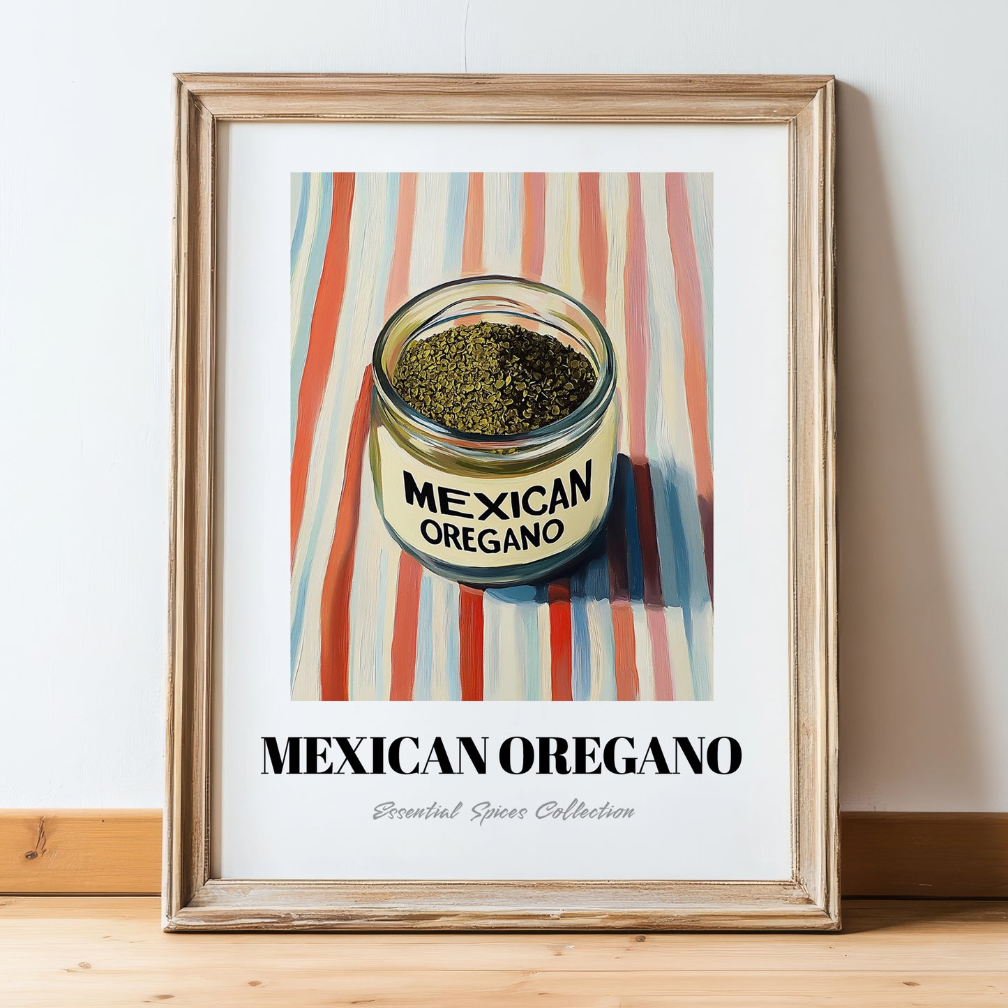 Mexican Oregano – on Striped Tablecloth, Spices Wall Poster, in wooden frame leaning on the floor