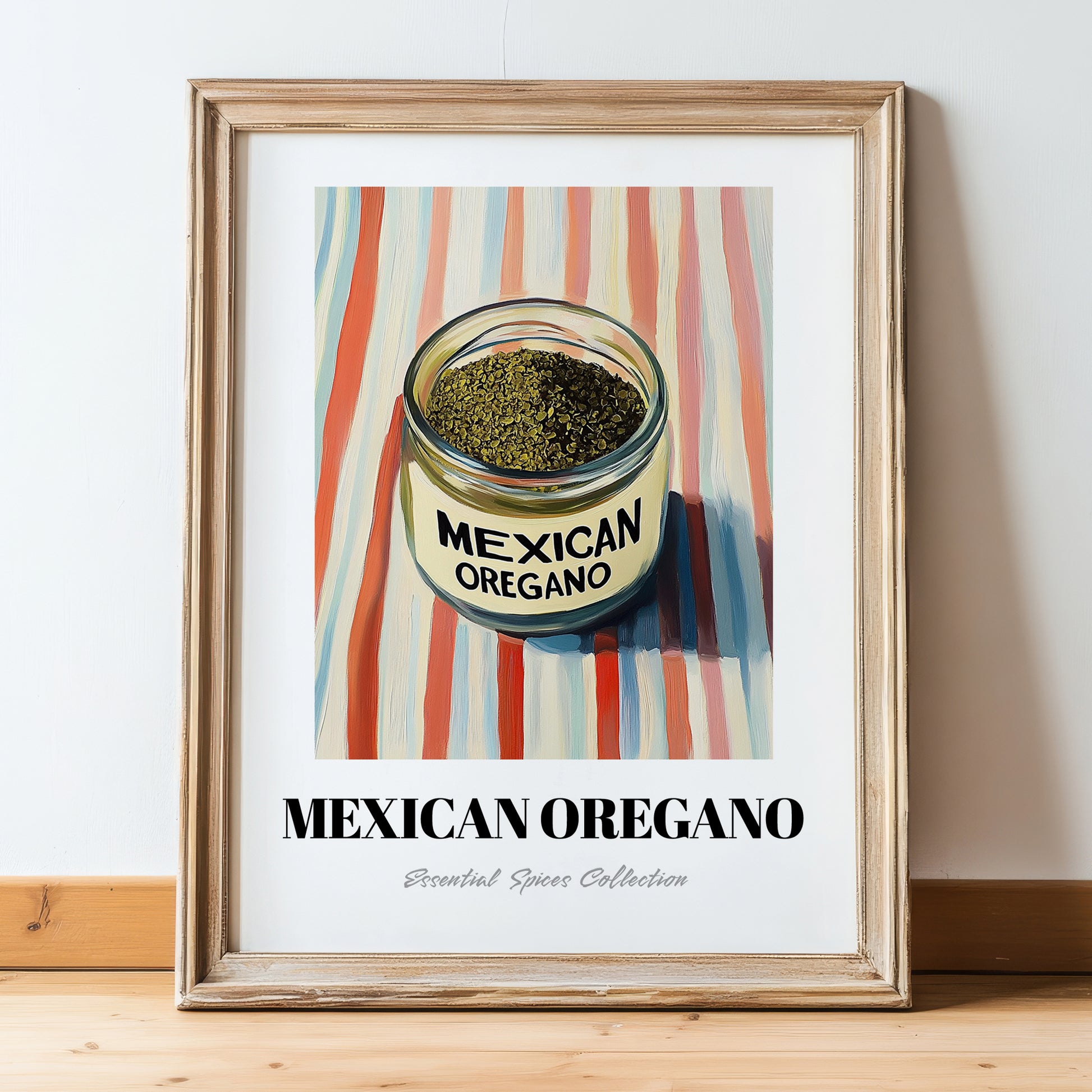Mexican Oregano – on Striped Tablecloth, Spices Wall Poster, in wooden frame leaning on the floor