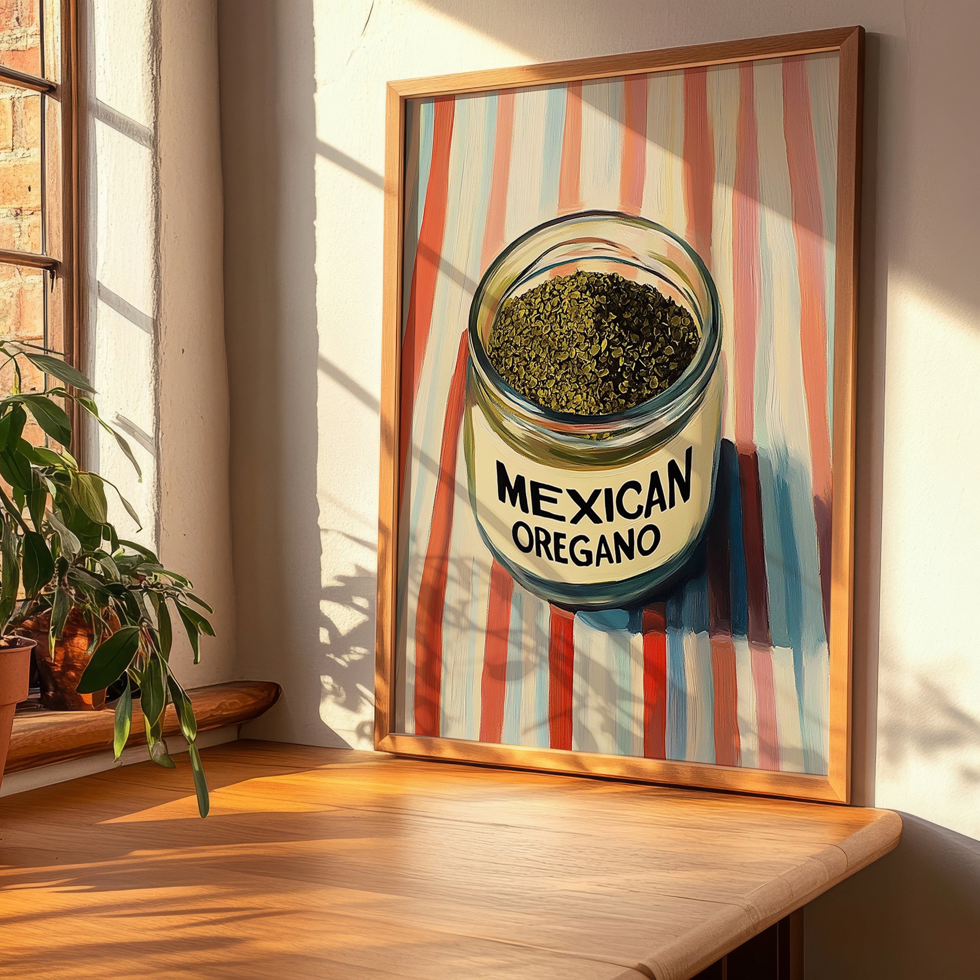 Mexican Oregano – on Striped Tablecloth, Spices Wall Poster, clean layout with no caption