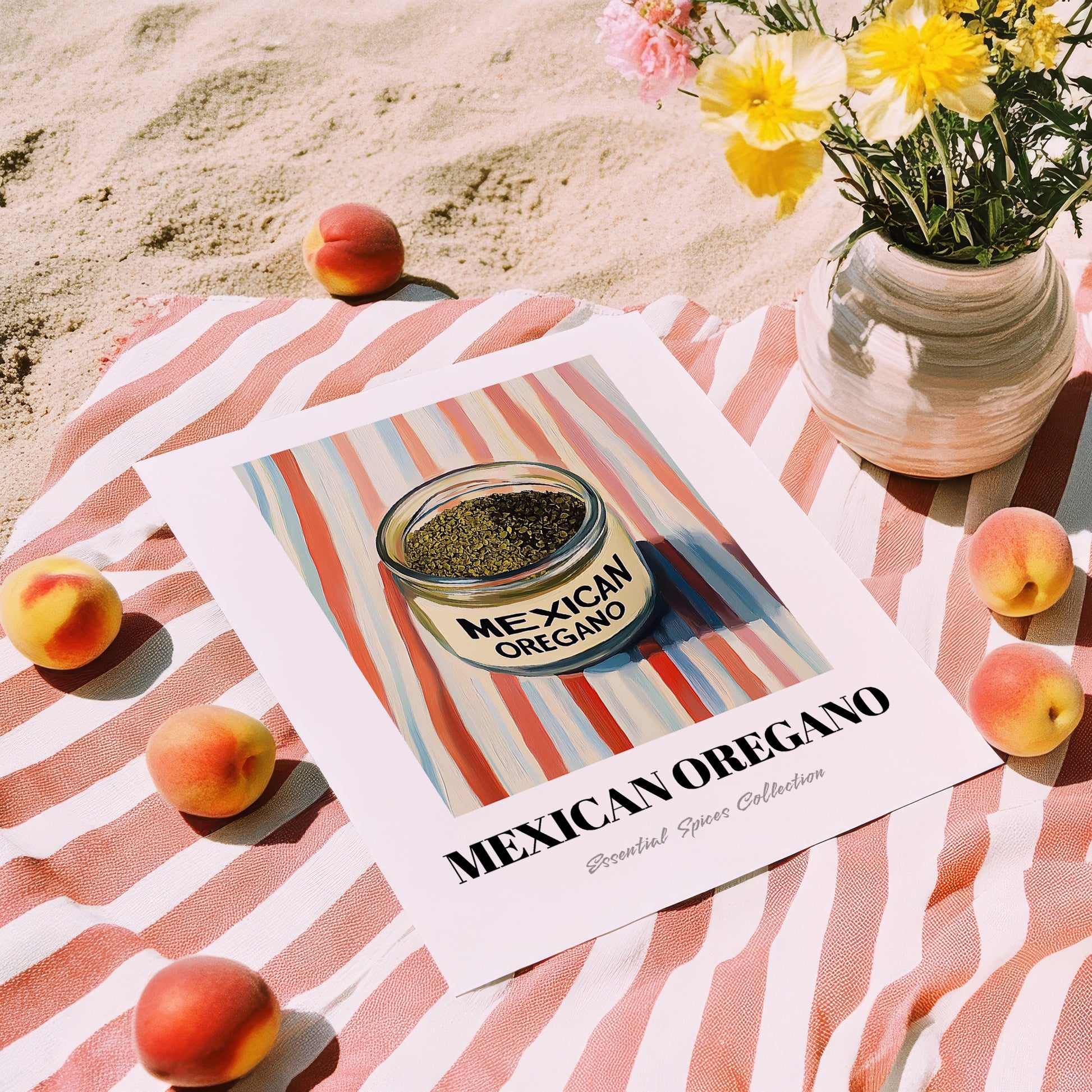 Mexican Oregano – on Striped Tablecloth, Spices Wall Poster, unframed on coastal sand