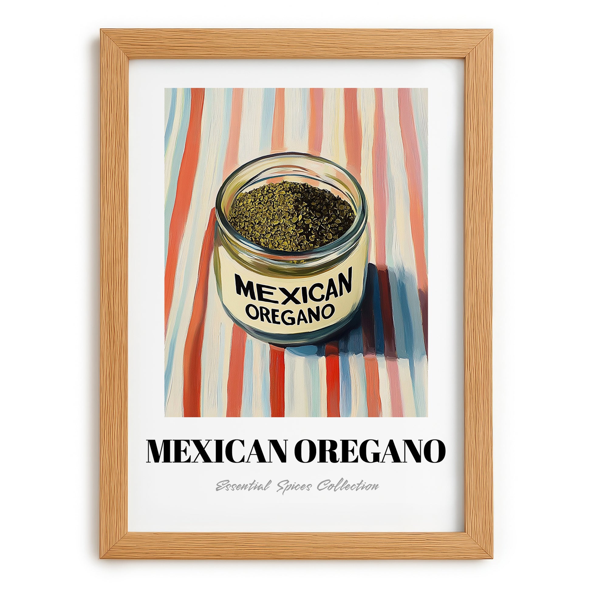 Mexican Oregano – on Striped Tablecloth, Spices Wall Poster, set in oak frame