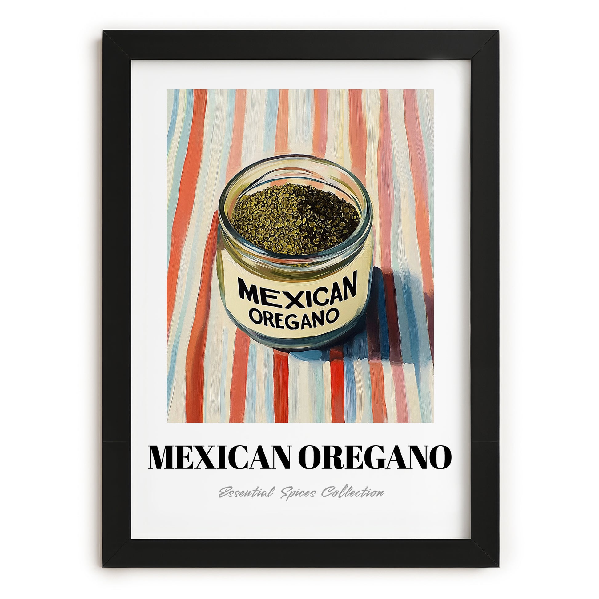 Mexican Oregano – on Striped Tablecloth, Spices Wall Poster, in sleek black frame