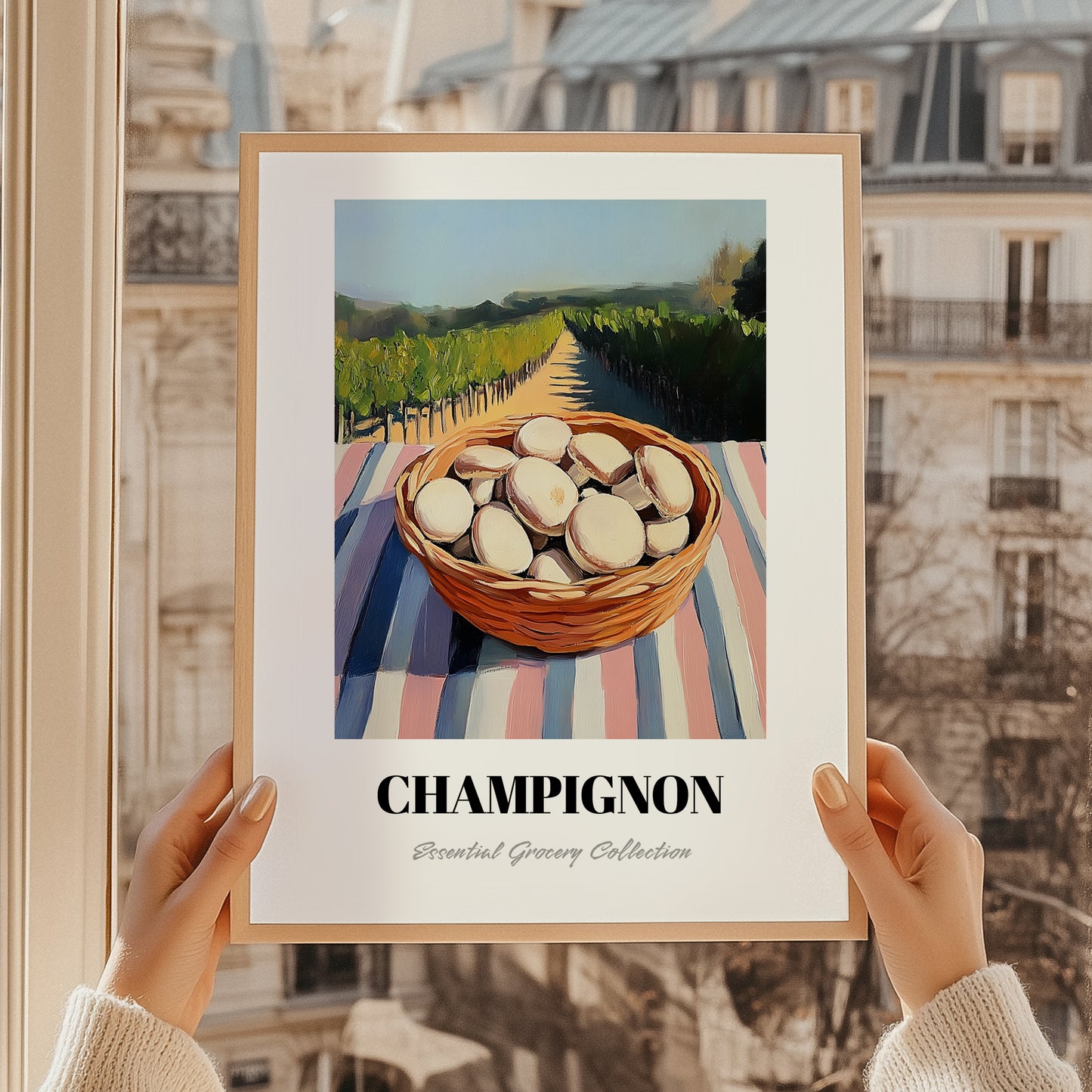 Button – Green Valley Landscape, Mushrooms Poster, styled in a charming Paris street view