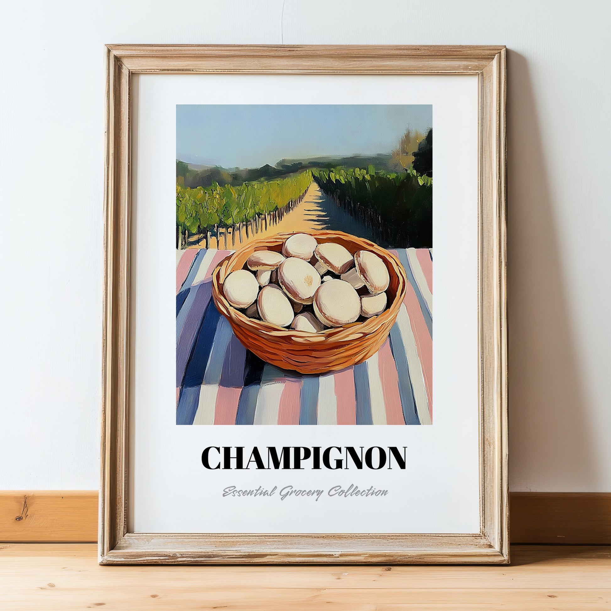 Button – Green Valley Landscape, Mushrooms Poster, in wooden frame leaning on the floor