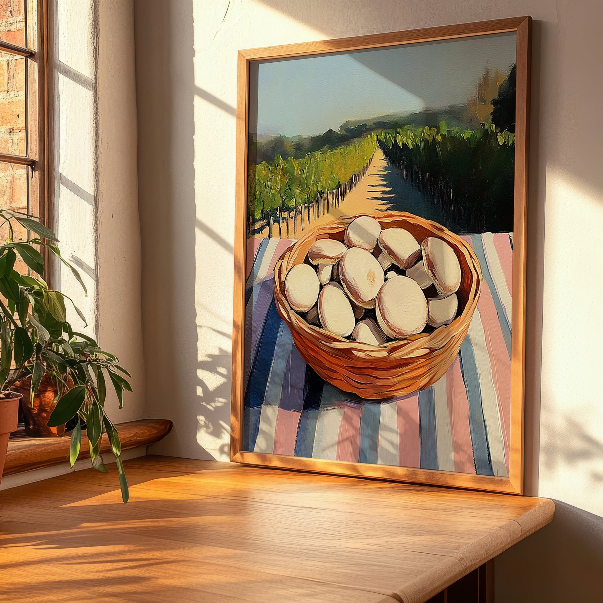 Button – Green Valley Landscape, Mushrooms Poster, clean layout with no caption