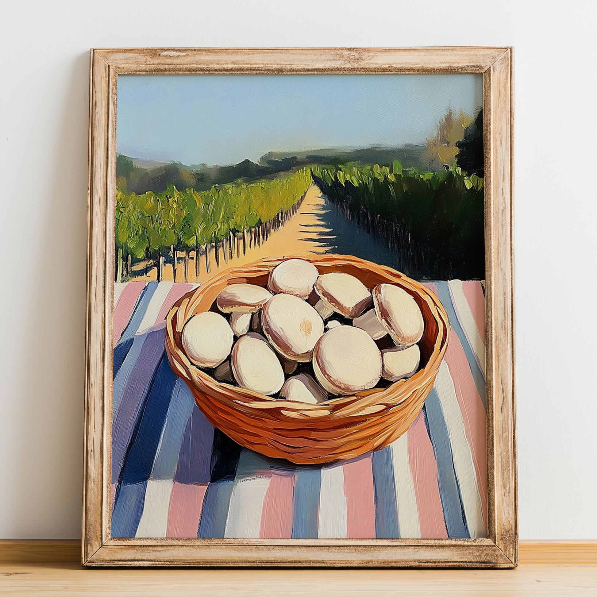 Button – Green Valley Landscape, Mushrooms Poster, no-text version framed in wood