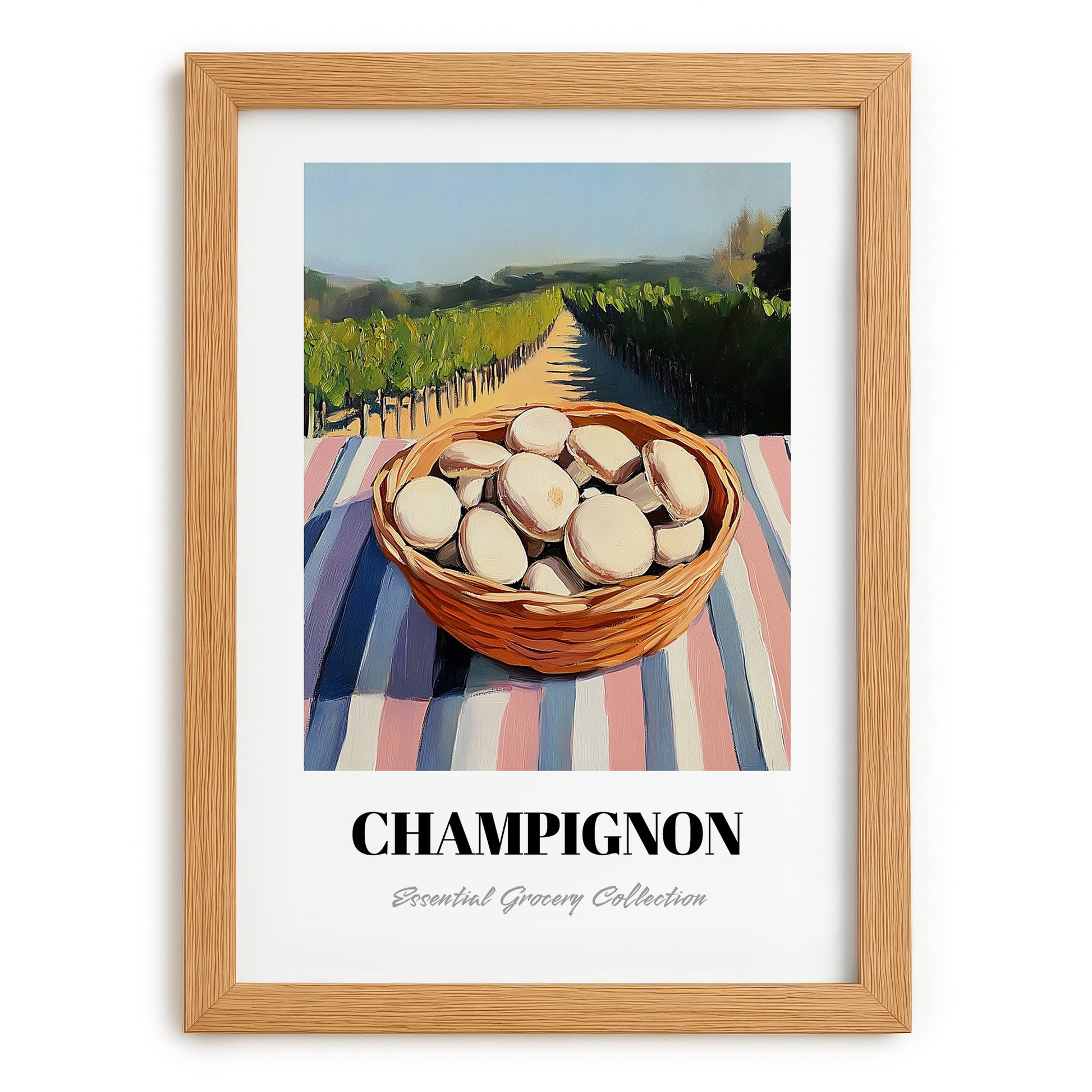 Button – Green Valley Landscape, Mushrooms Poster, set in oak frame