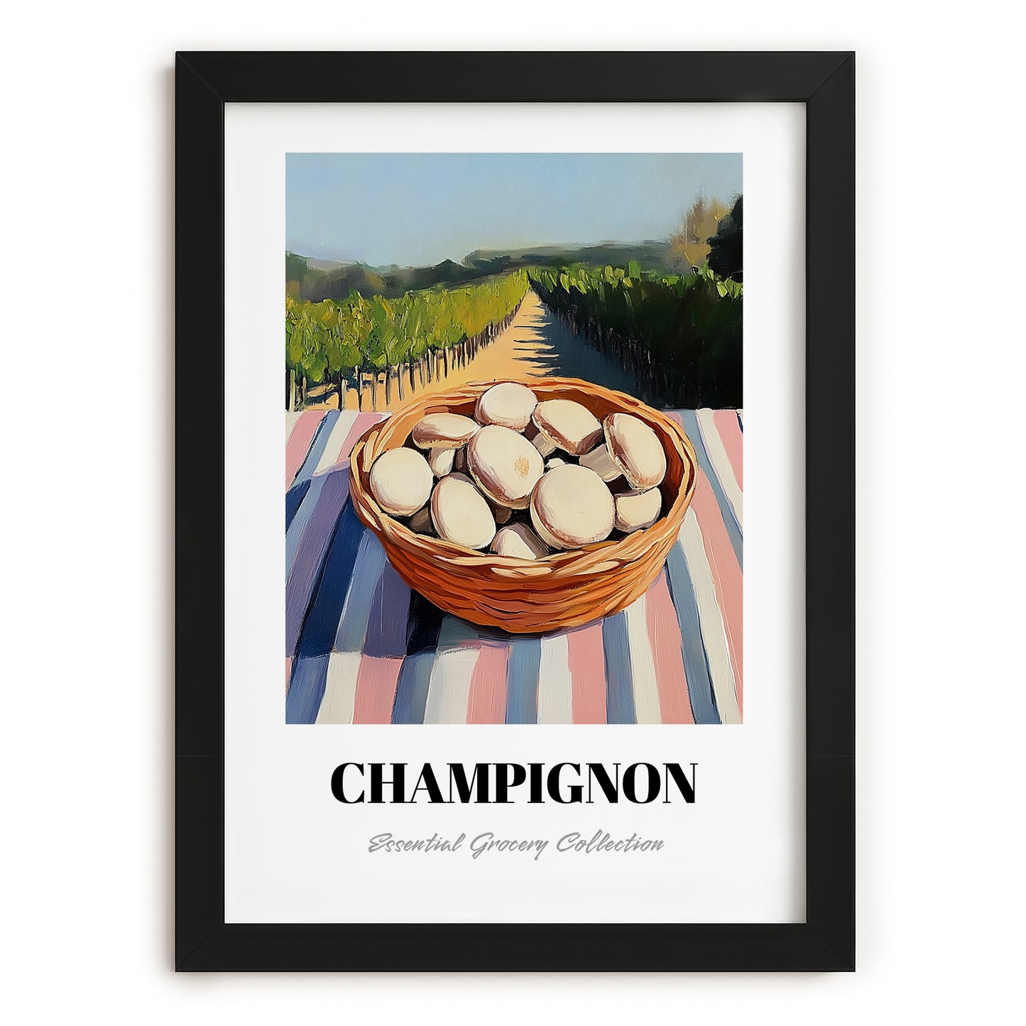 Button – Green Valley Landscape, Mushrooms Poster, in sleek black frame