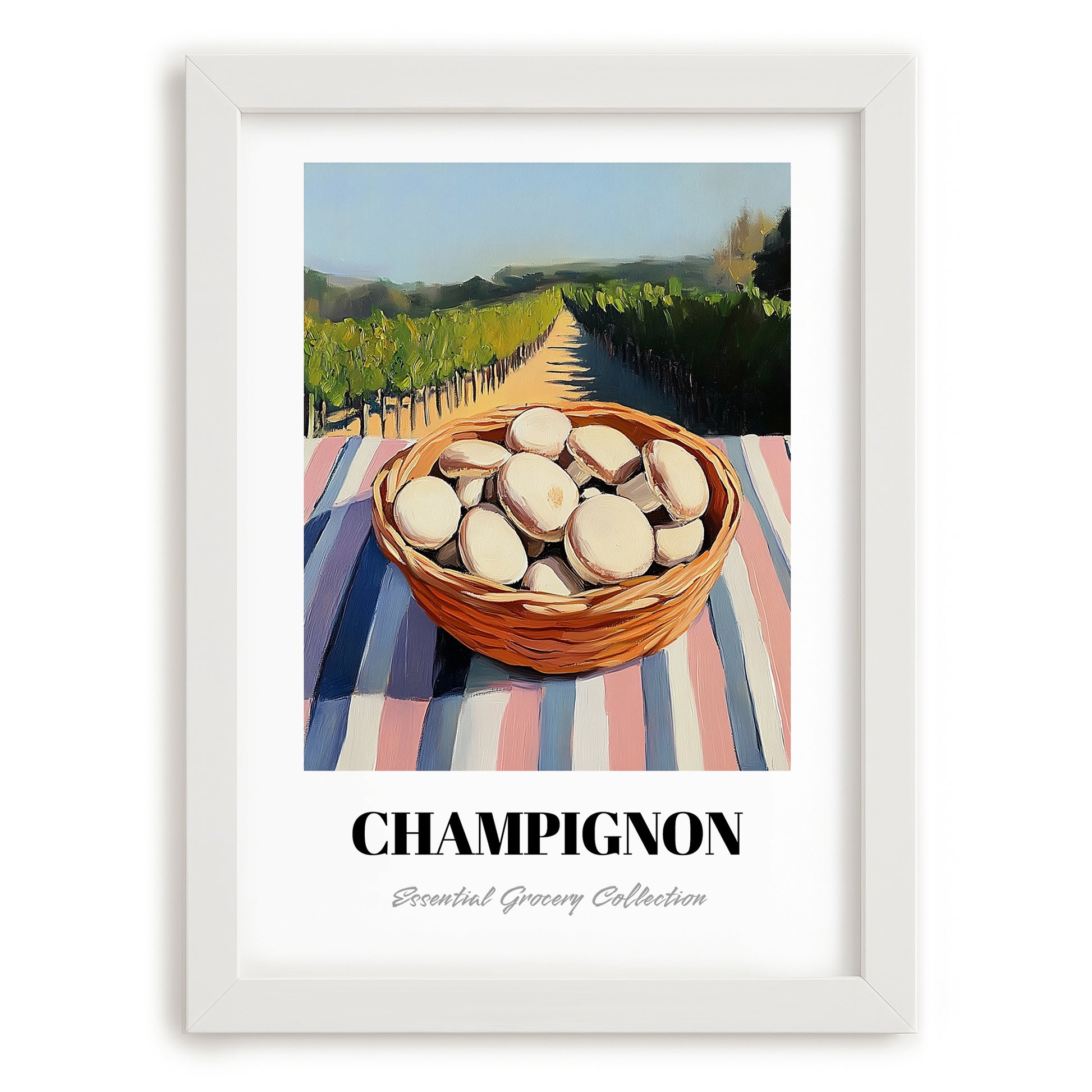 Button – Green Valley Landscape, Mushrooms Poster, placed in minimal white frame