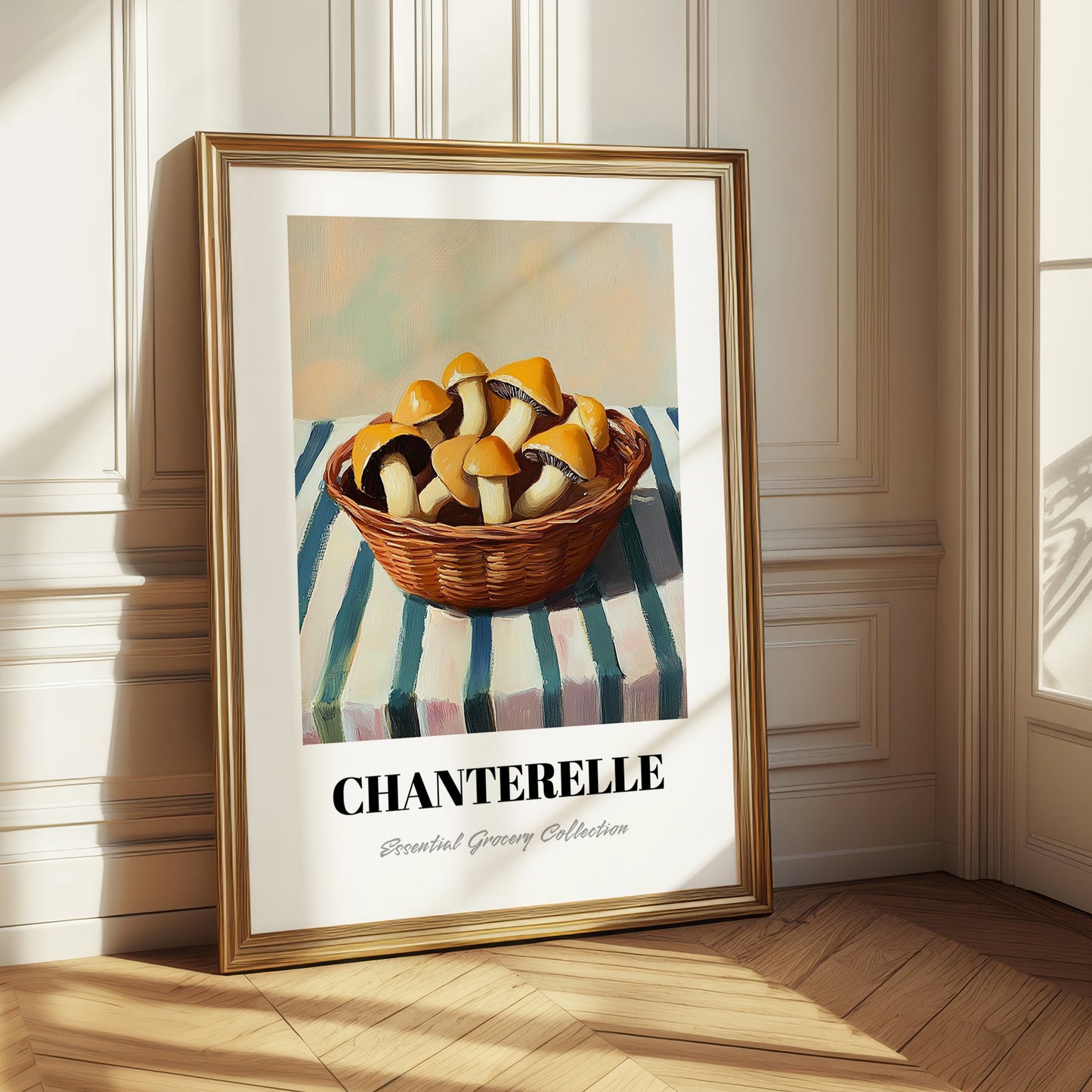 Chanterelle – on Striped Tablecloth, Mushrooms Still Life