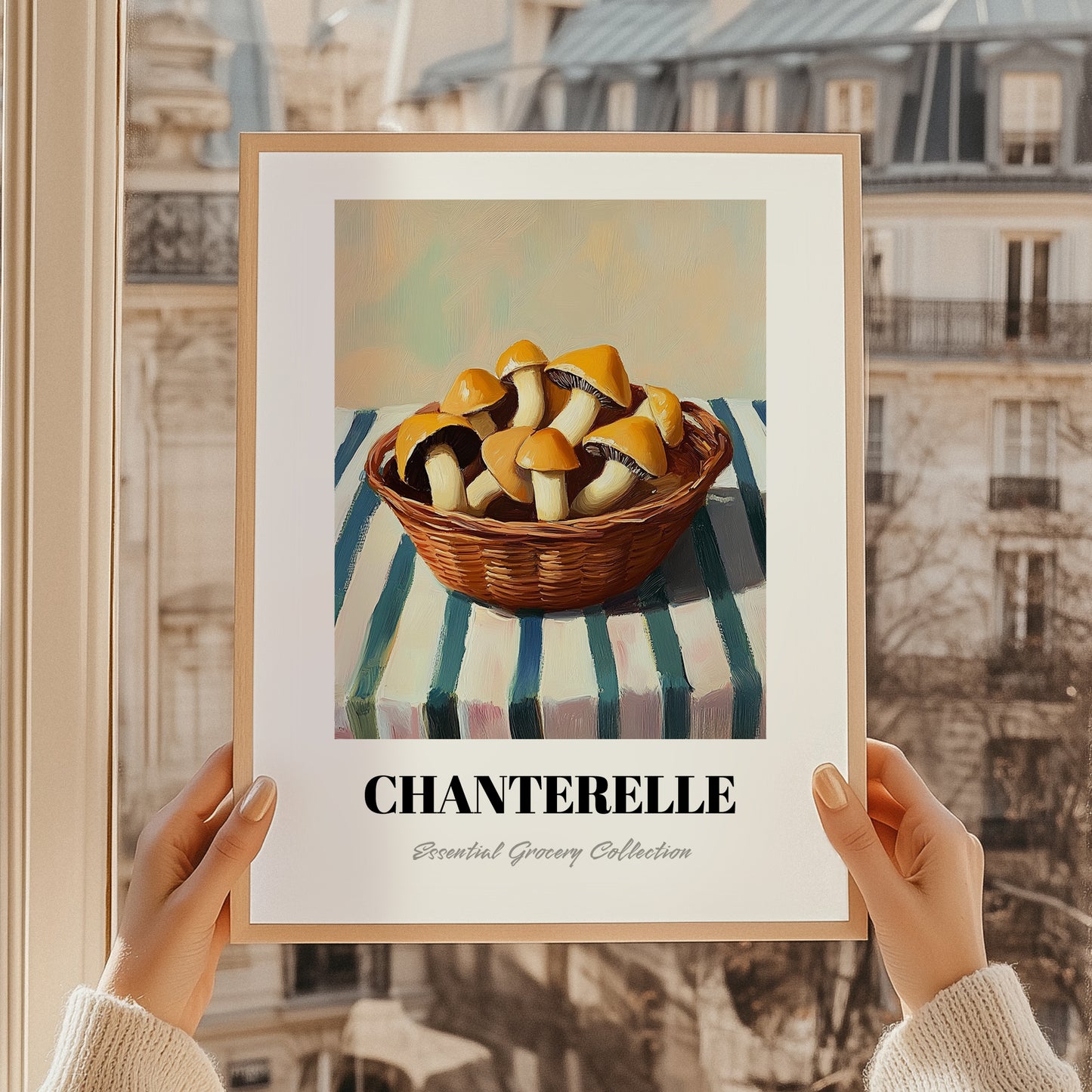 Chanterelle – on Striped Tablecloth, Mushrooms Still Life, styled in a charming Paris street view