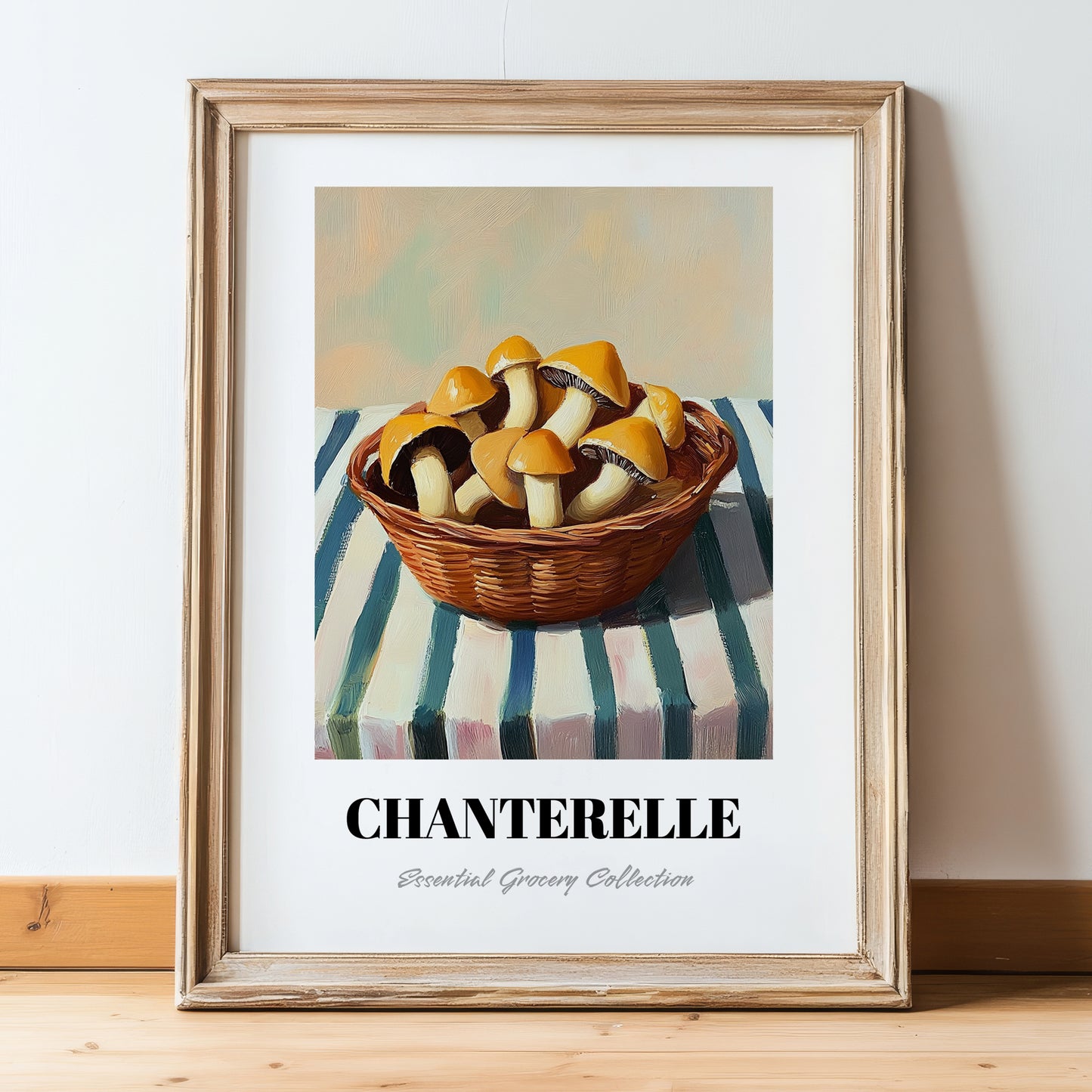 Chanterelle – on Striped Tablecloth, Mushrooms Still Life, in wooden frame leaning on the floor