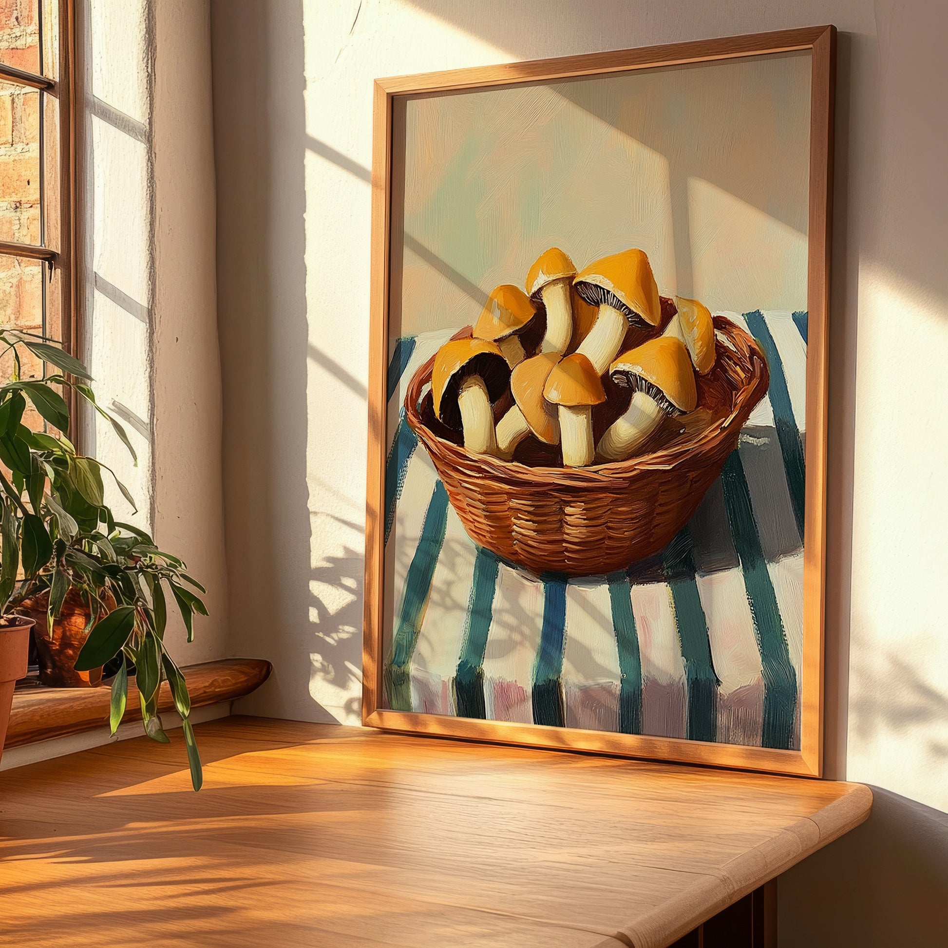 Chanterelle – on Striped Tablecloth, Mushrooms Still Life, clean layout with no caption