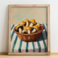 Chanterelle – on Striped Tablecloth, Mushrooms Still Life, no-text version framed in wood