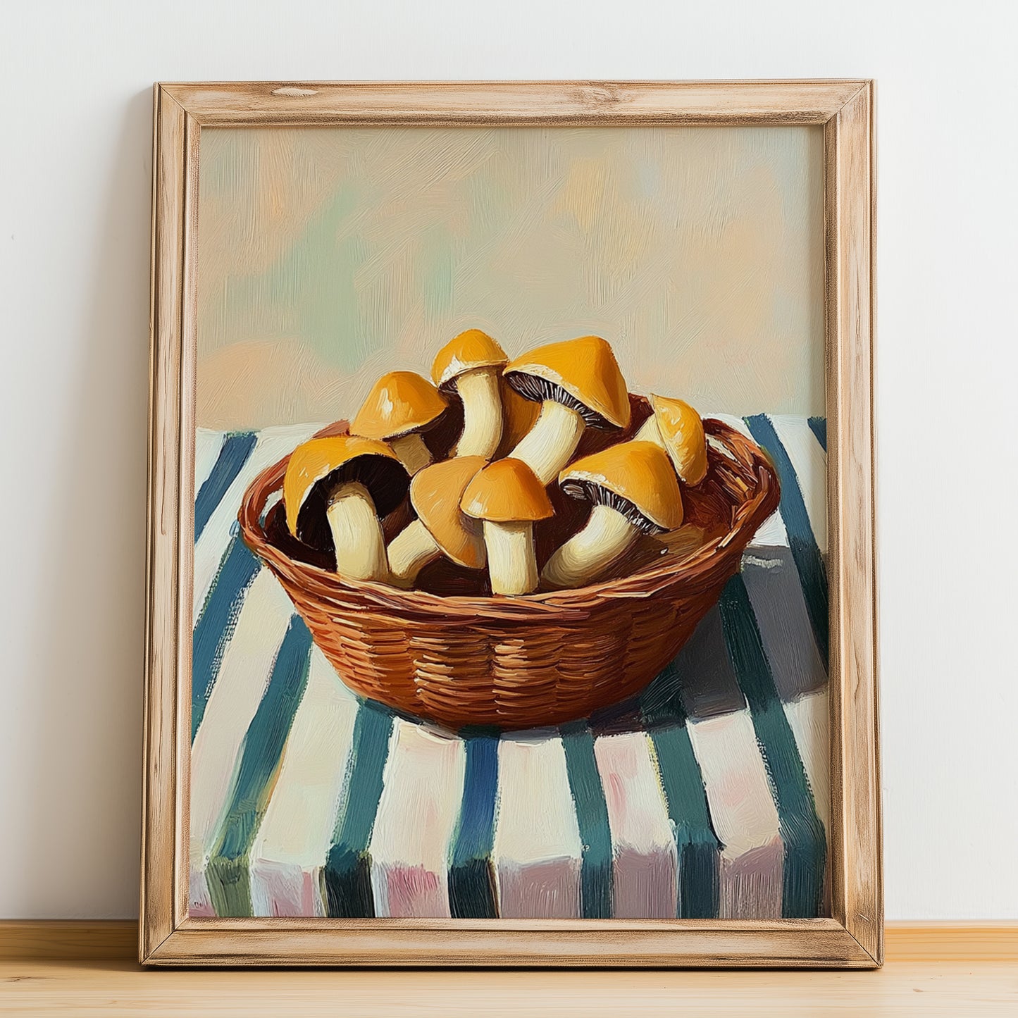 Chanterelle – on Striped Tablecloth, Mushrooms Still Life, no-text version framed in wood