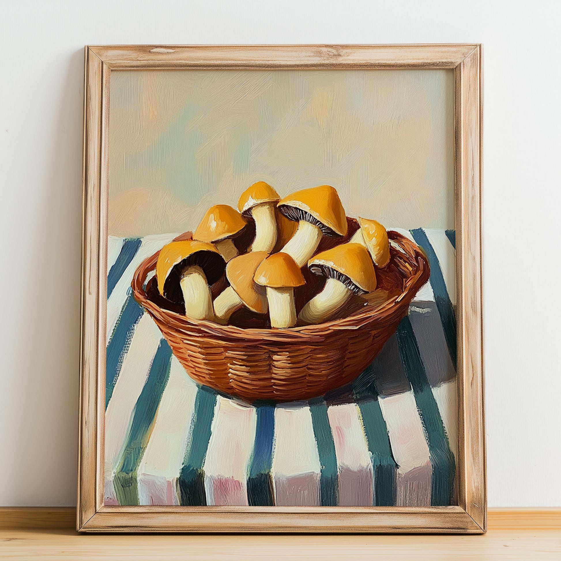 Chanterelle – on Striped Tablecloth, Mushrooms Still Life, no-text version framed in wood