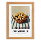Chanterelle – on Striped Tablecloth, Mushrooms Still Life, set in oak frame