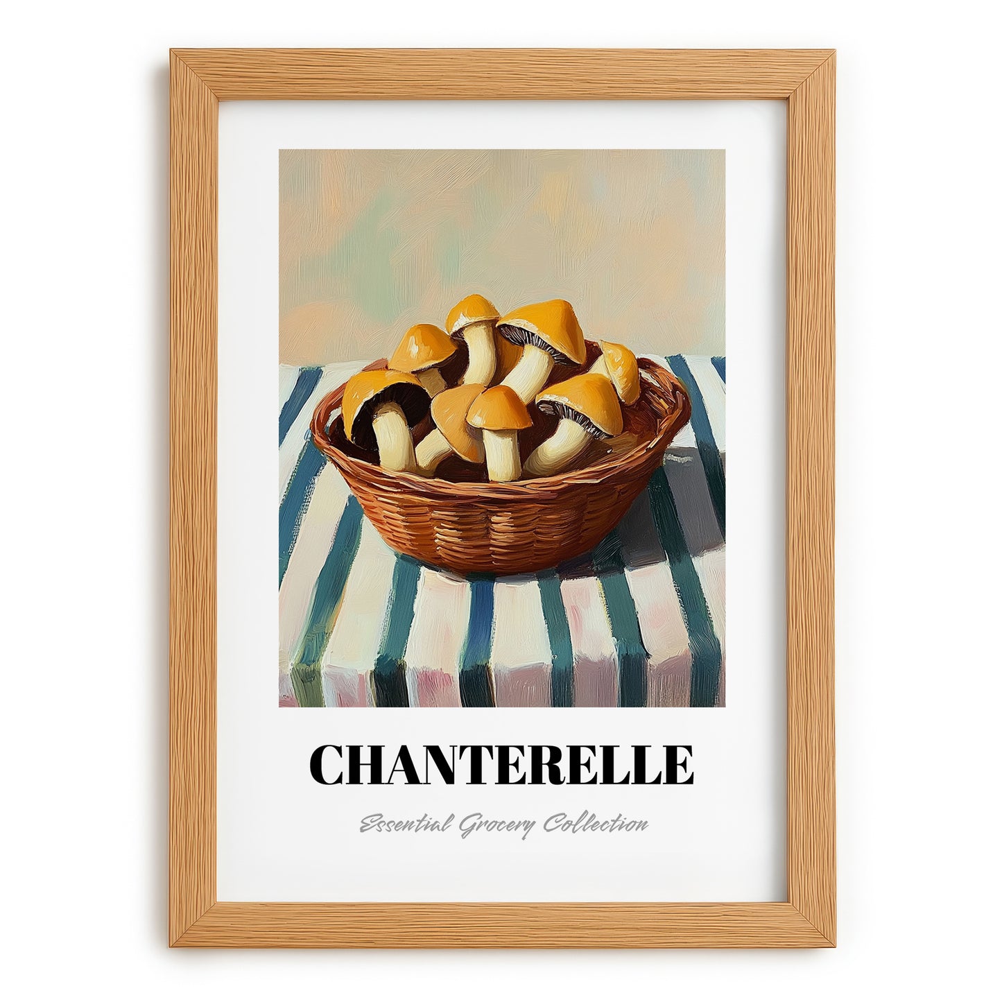 Chanterelle – on Striped Tablecloth, Mushrooms Still Life, set in oak frame