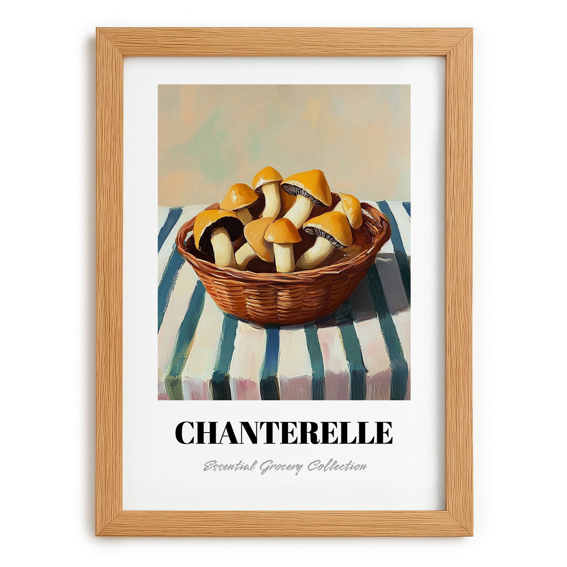 Chanterelle – on Striped Tablecloth, Mushrooms Still Life, set in oak frame