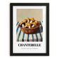 Chanterelle – on Striped Tablecloth, Mushrooms Still Life, in sleek black frame