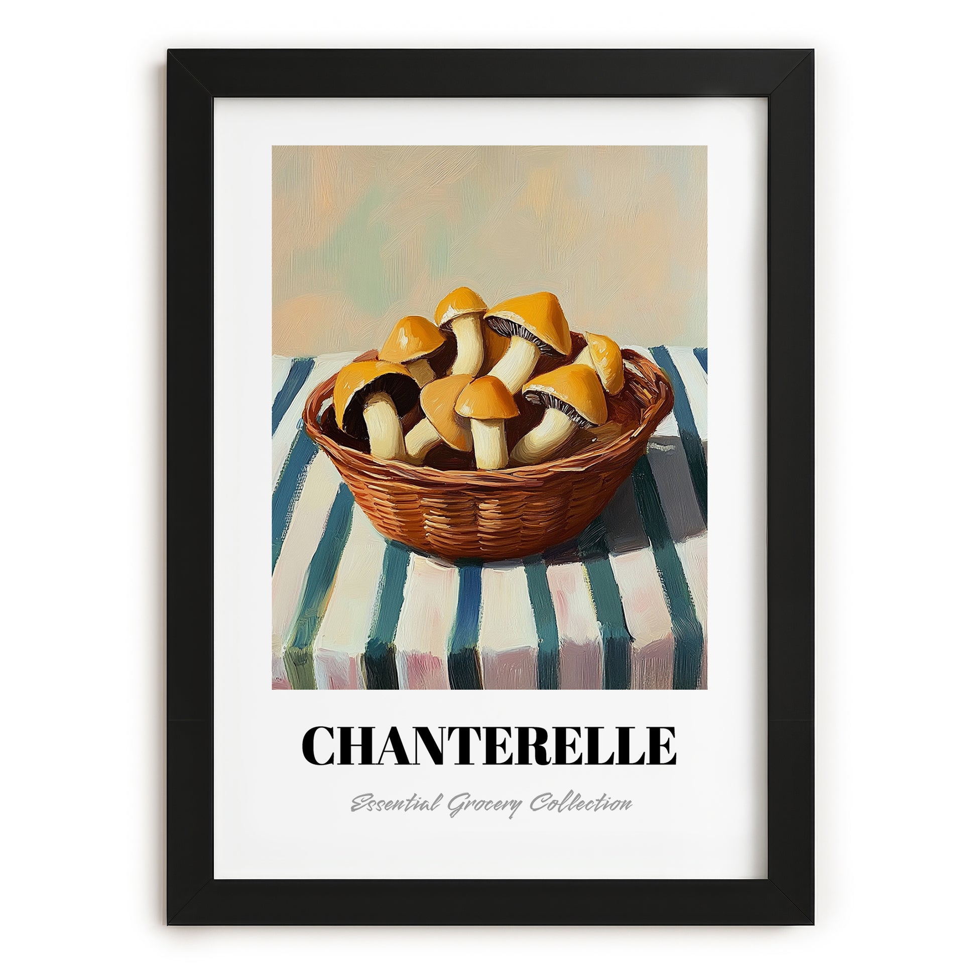 Chanterelle – on Striped Tablecloth, Mushrooms Still Life, in sleek black frame