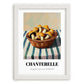 Chanterelle – on Striped Tablecloth, Mushrooms Still Life, placed in minimal white frame