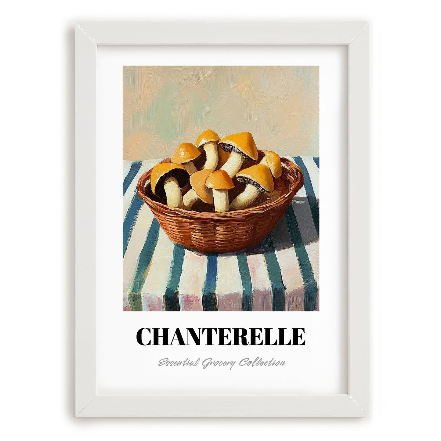 Chanterelle – on Striped Tablecloth, Mushrooms Still Life, placed in minimal white frame