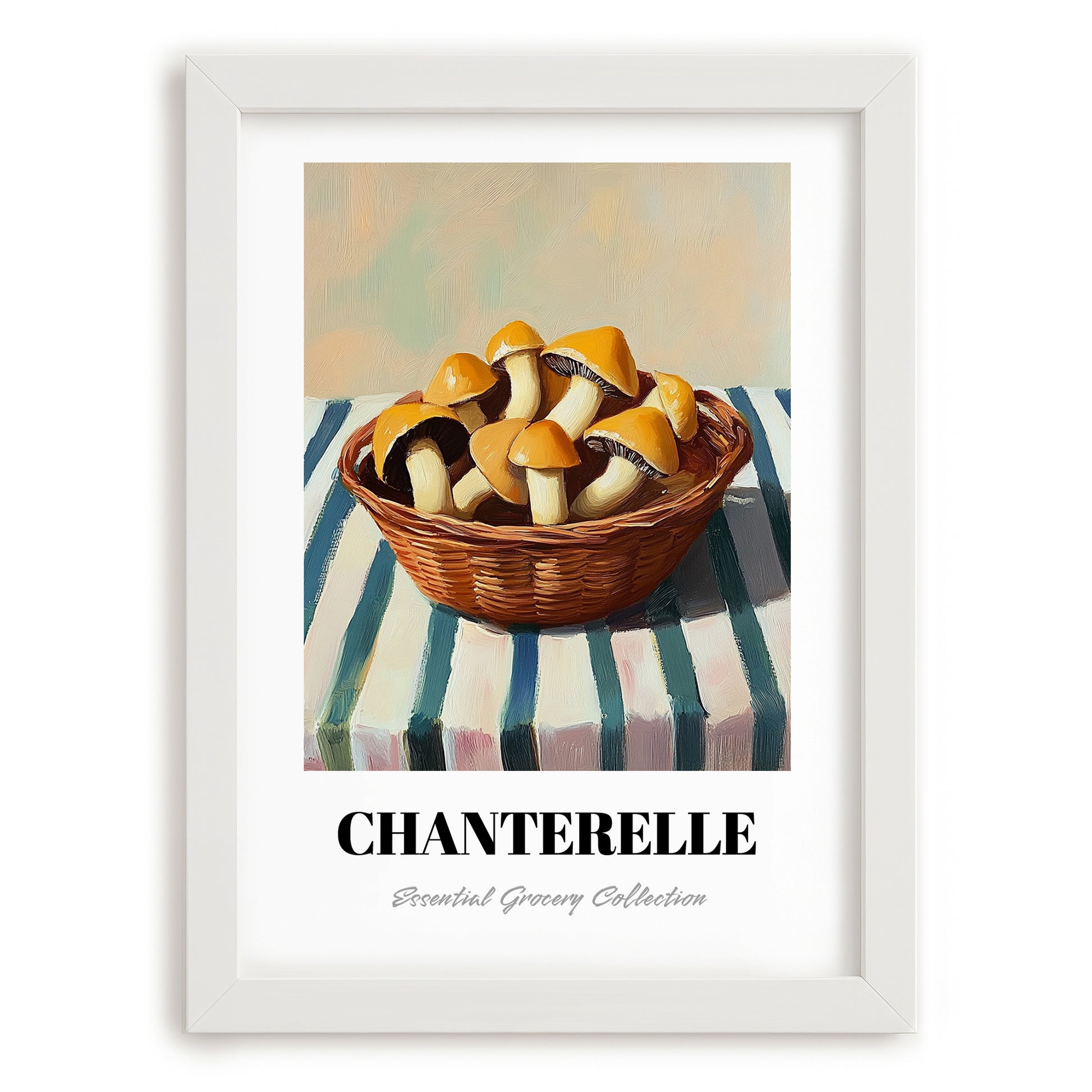 Chanterelle – on Striped Tablecloth, Mushrooms Still Life, placed in minimal white frame